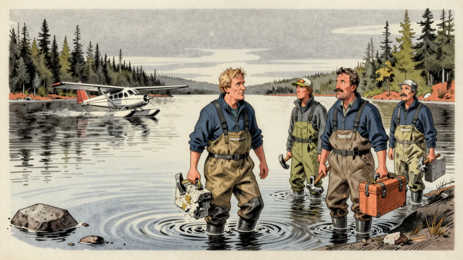Editorial cartoon illustration: A boggy, wooded lakeshore in northern Quebec under a flat grey sky, with three geologists in chest waders standing thigh-deep in cold water, carrying rock hammers and a heavy equipment case between them. A small floatplane sits on the water far behind them, too far out to reach the bank. One geologist has stopped mid-wade to squint at a piece of rock in his hand while the other two keep going.