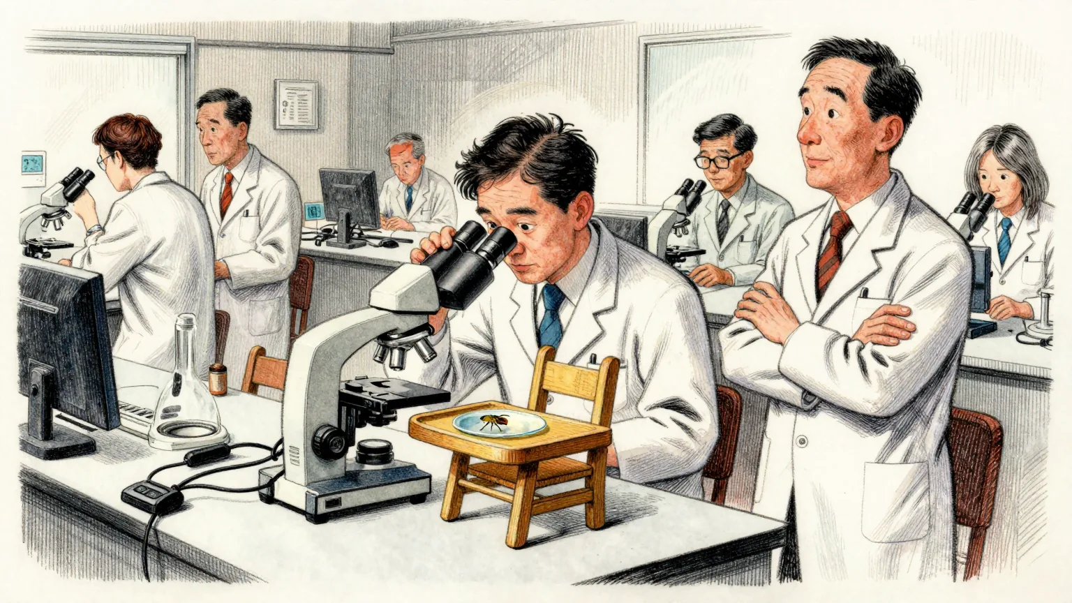 Editorial cartoon illustration: A bright laboratory bench in Kobe where a researcher in a white coat looks through a microscope at a single fruit fly on a glass slide, while a colleague in a white coat waits beside her with folded arms. On the bench between them stands one tiny wooden high chair, sized for an insect, with nothing in it. Other scientists work at their own benches in the background.