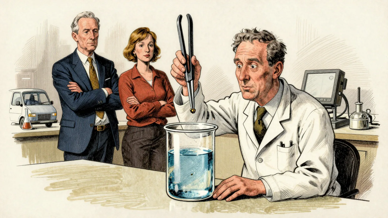 Editorial cartoon illustration: A biochemist in a lab coat sits at a bench peering into a tall glass beaker filled almost to the brim with clear water, in which a single tiny speck floats. Two colleagues stand behind her with folded arms, watching. She is holding an enormous pair of blacksmith's tongs, poised to pick the speck out.