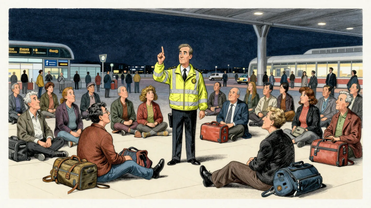 Editorial cartoon illustration: A crowded airport terminal at night, with dozens of stranded travellers sitting and lying on the floor among their suitcases and coats. One official in a high-visibility jacket stands calmly in the middle of them, holding up a thumb and forefinger almost touching to show how small something was. Every traveller around him is watching his fingers rather than each other.