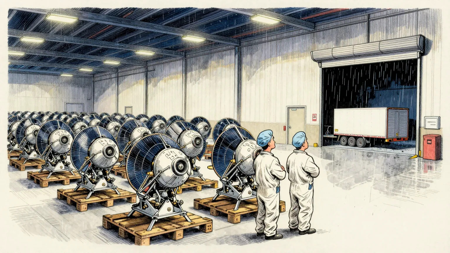 Editorial cartoon illustration: Inside an enormous white factory hall in Washington State, rows of finished satellites sit on wheeled pallets under bright ceiling lights, stretching back into the distance. Two technicians in white coveralls and hairnets stand at the front of the nearest row with their arms folded, looking towards a wide open loading door. Through the door, a single empty flatbed trailer waits in the rain.