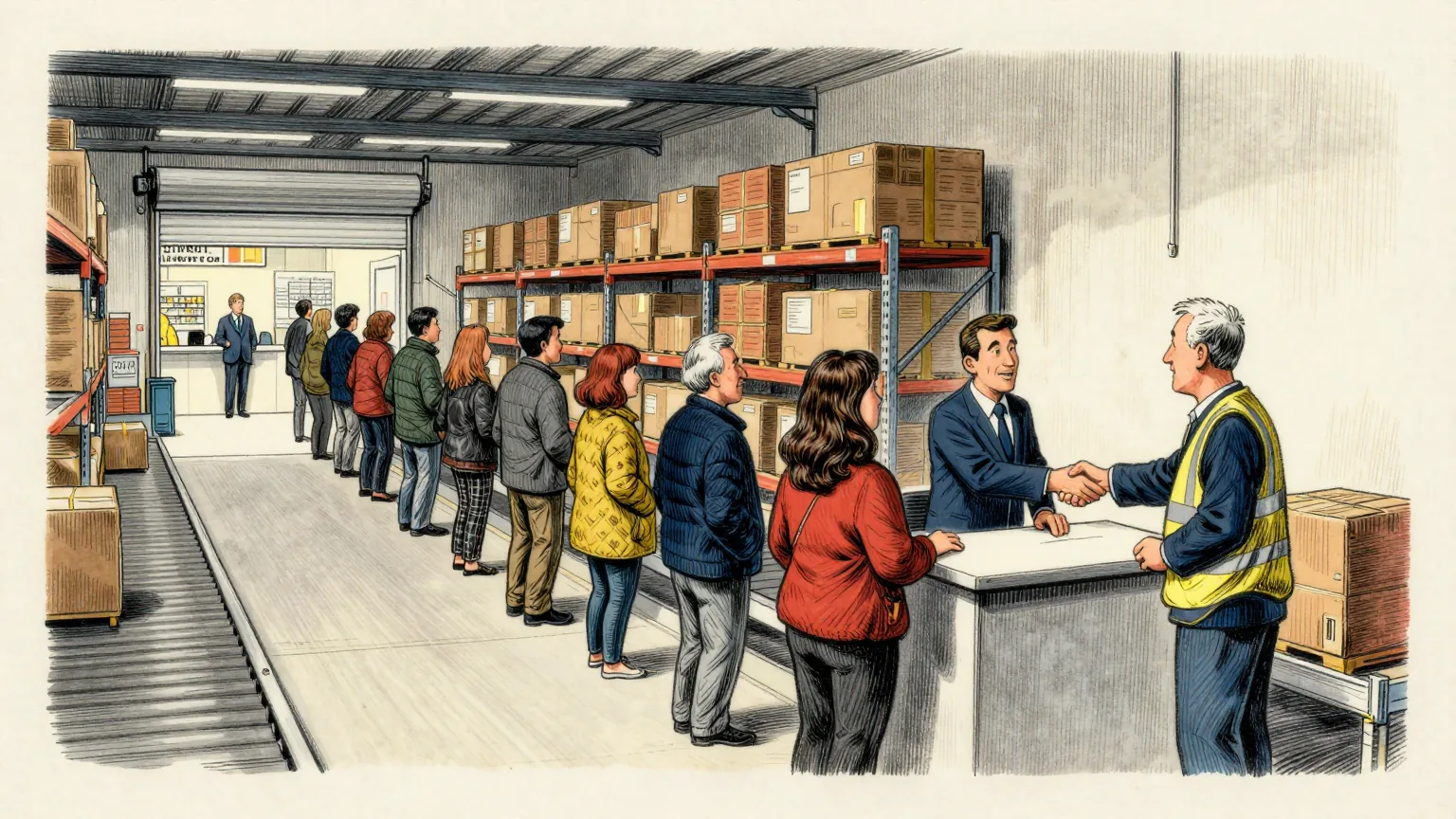 Editorial cartoon illustration: The inside of a vast parcel warehouse with a long queue of people in everyday clothes winding between conveyor belts towards a plain recruitment desk, where a supervisor in a high-visibility vest shakes hands with the person at the front. Through an open roller door at the far end, a single shop assistant stands alone in a quiet, tidy store with nobody at the counter.