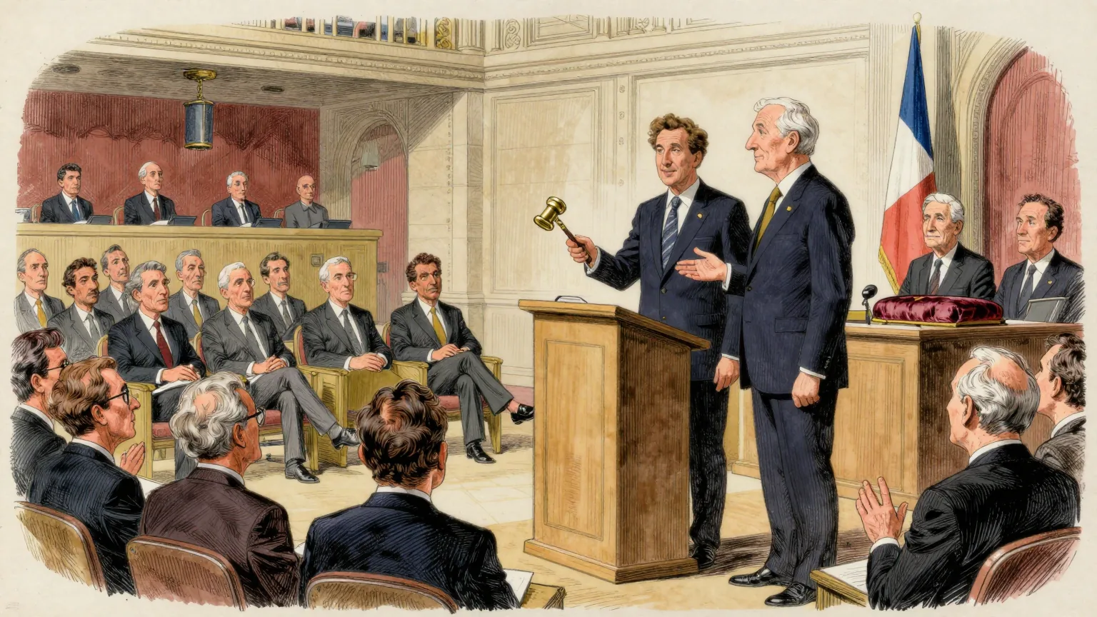 Editorial cartoon illustration: Two government officials in dark suits stand at a lectern in a grand Paris conference hall, one of them holding a small brass auctioneer's gavel while the other gestures calmly at the audience. Rows of well-dressed investors sit watching, a few with hands half-raised. Behind the officials a folded national flag rests on a velvet cushion on a side table.