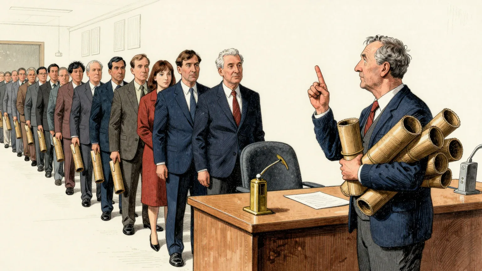 Editorial cartoon illustration: A clerk sits behind a wooden counter in a plain government office, holding up exactly two fingers to a middle-aged scientist in a cardigan who stands in front of him with an armful of rolled cardboard tubes. A long queue of other scientists waits behind, each holding a single tube at their side and looking at the floor. On the counter beside the clerk stands a small brass turnstile of the kind used to admit people one at a time.