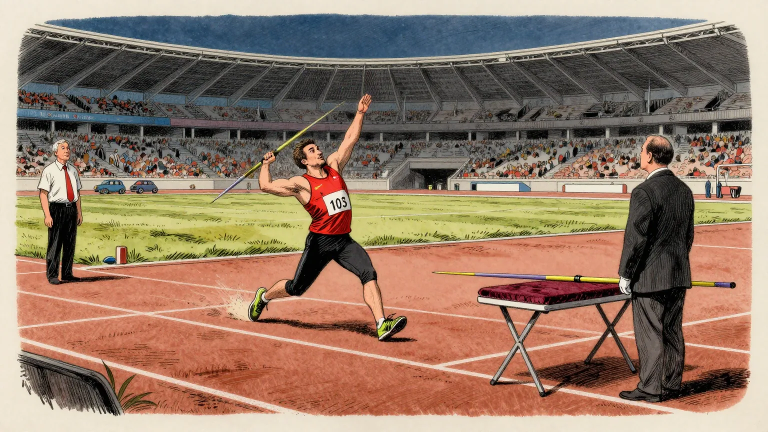 Editorial cartoon illustration: A javelin thrower in a red team vest runs up on the floodlit runway of a large athletics stadium in the evening, arm drawn back, while a judge in a white shirt watches from the infield grass. At the edge of the track, a second javelin lies on a folding table on a small velvet cushion. An official in a blazer and white gloves stands beside the table at attention, guarding it.