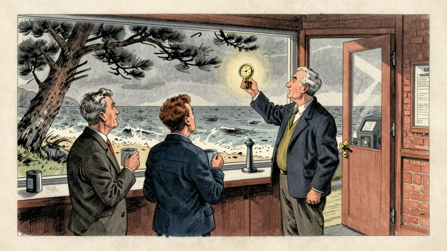 Editorial cartoon illustration: Three forecasters in shirtsleeves stand in a small coastal weather office at night, looking out through a large window at bending pine trees and spray blowing off a grey sea. Two of them hold mugs and are simply watching the water. The third stands in the open doorway holding up a small brass hand anemometer, its cups spinning hard in the wind.