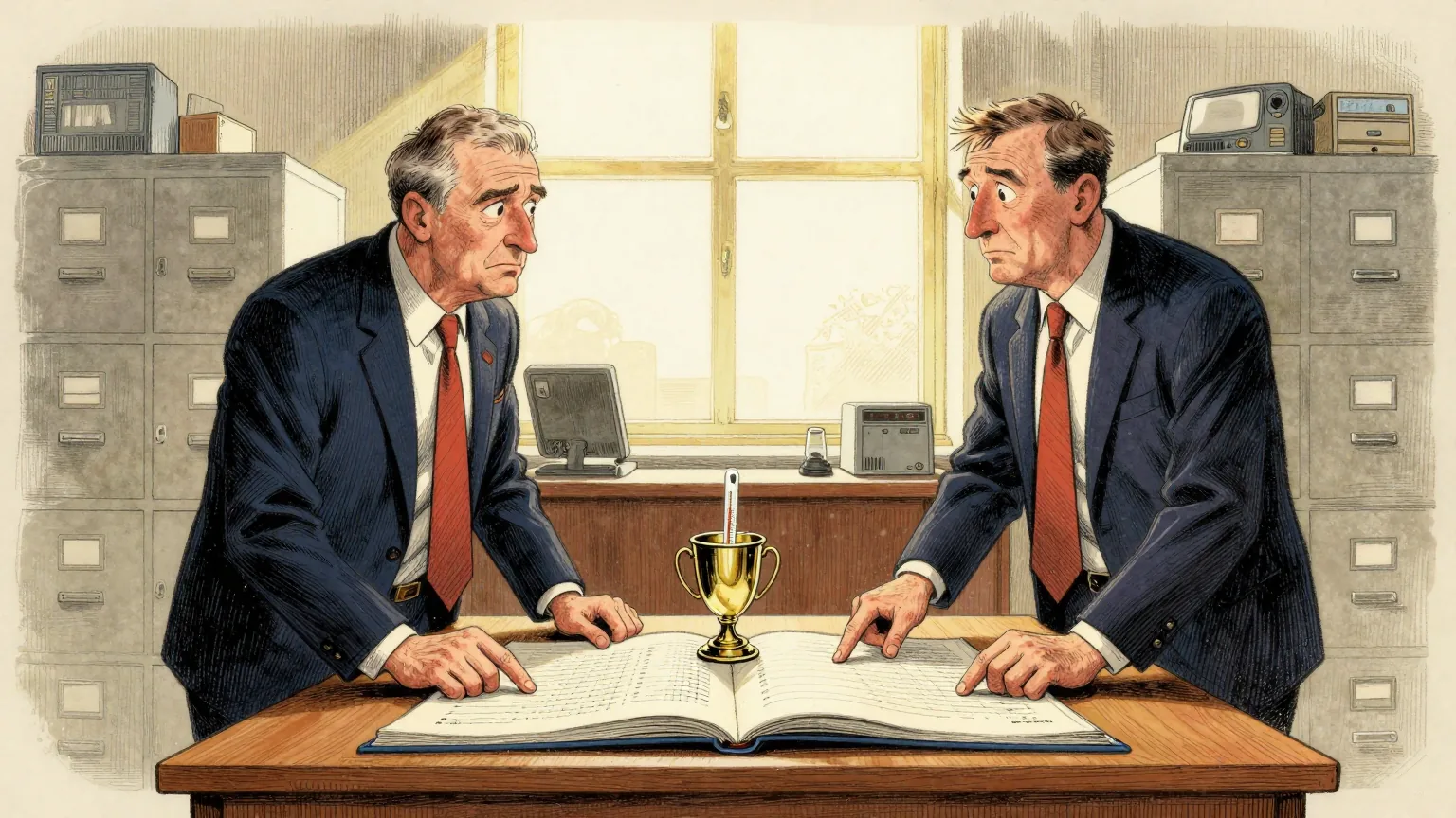 Editorial cartoon illustration: Two meteorologists in shirtsleeves stand on either side of a long open ledger on a wooden desk in a records office lined with filing cabinets, both pointing at the same line on the page with identical expressions of mild concern. Between them sits a single small trophy cup, placed exactly halfway along the desk, with a glass thermometer propped against its base. Very bright sunlight floods through the window behind them.