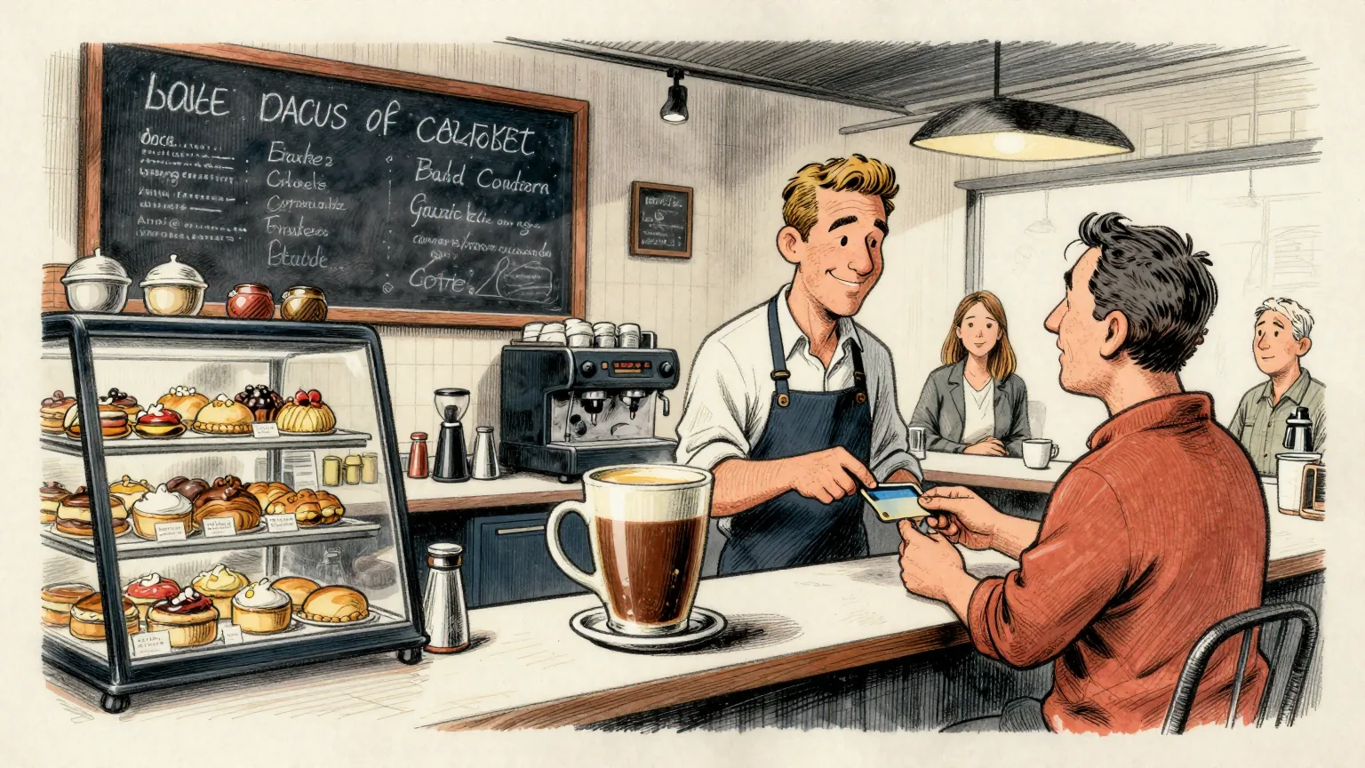 Editorial cartoon illustration: Inside a bright Australian cafe, a barista stands at a card terminal while a customer taps a card, both looking pleased and relaxed. Behind the counter, a chalk-free blackboard-sized pastry display and a coffee machine fill the frame. One single enormous coffee cup on the counter is visibly far larger than the others, bulging at the sides as though something has been packed inside it.