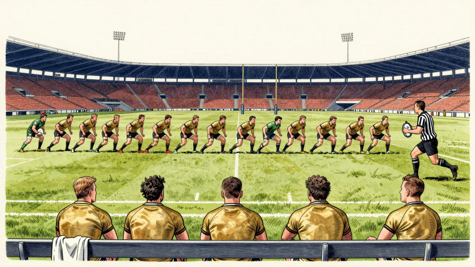 Editorial cartoon illustration: On a floodlit rugby pitch in Perth, a thin line of gold-shirted players spreads itself across a wide defensive line, visibly too few to cover the width of the field. Four more gold-shirted players sit in a row on a bench at the touchline with towels over their knees, watching. A green-shirted forward carries the ball towards the gap with his team-mates fanned out behind him, and the referee jogs alongside holding a stopwatch.