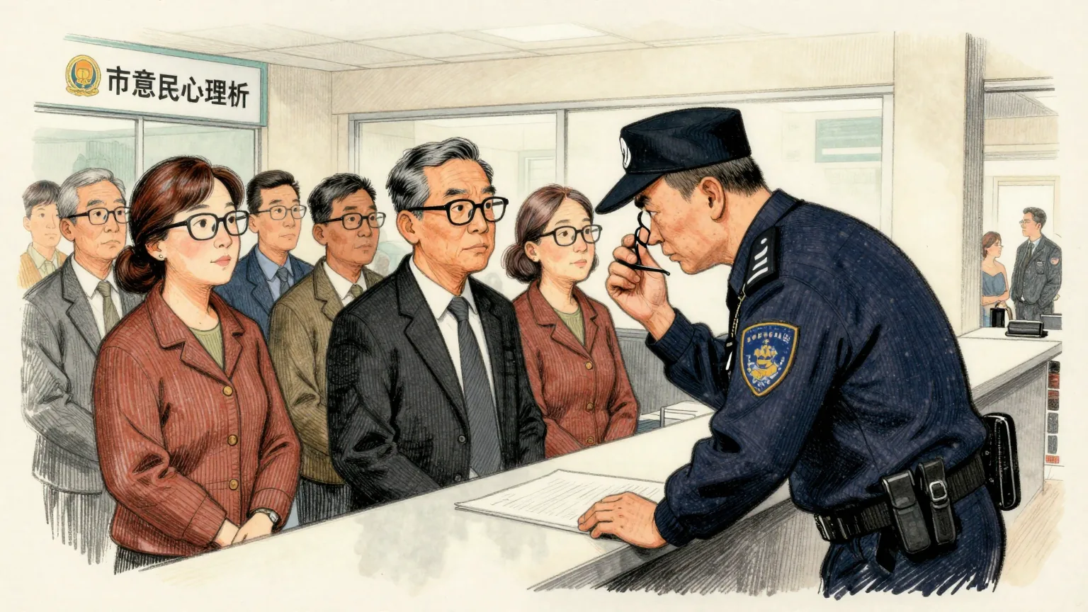 Editorial cartoon illustration: A bright government service centre with a queue of ordinary people waiting at a counter, all wearing plain spectacles. A uniformed security officer stands at the head of the queue, bent forward with his nose a few centimetres from one visitor's glasses, squinting hard at the frames. The visitor waits patiently with their hands behind their back and everyone else in the queue stares straight ahead.
