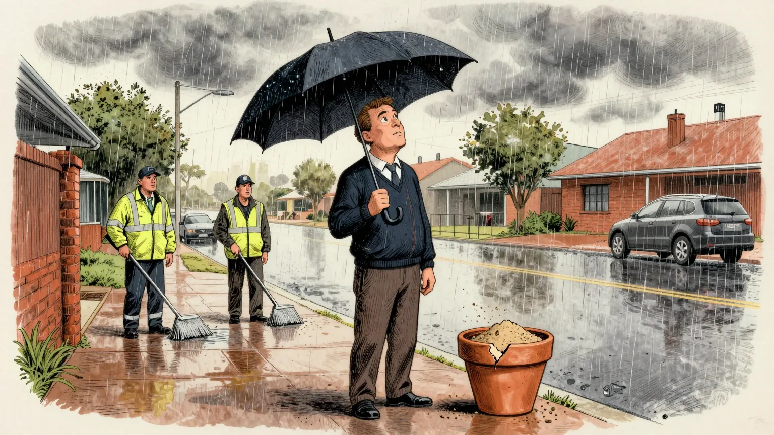 Editorial cartoon illustration: A meteorologist in a dark jumper stands outdoors on a rain-soaked Australian suburban street in heavy drizzle, holding a large black umbrella and looking up at thick grey cloud. Behind, two council workers in high-visibility coats sweep standing water from a gutter. On the wet footpath beside the meteorologist sits a cracked, bone-dry terracotta plant pot filled with sand.