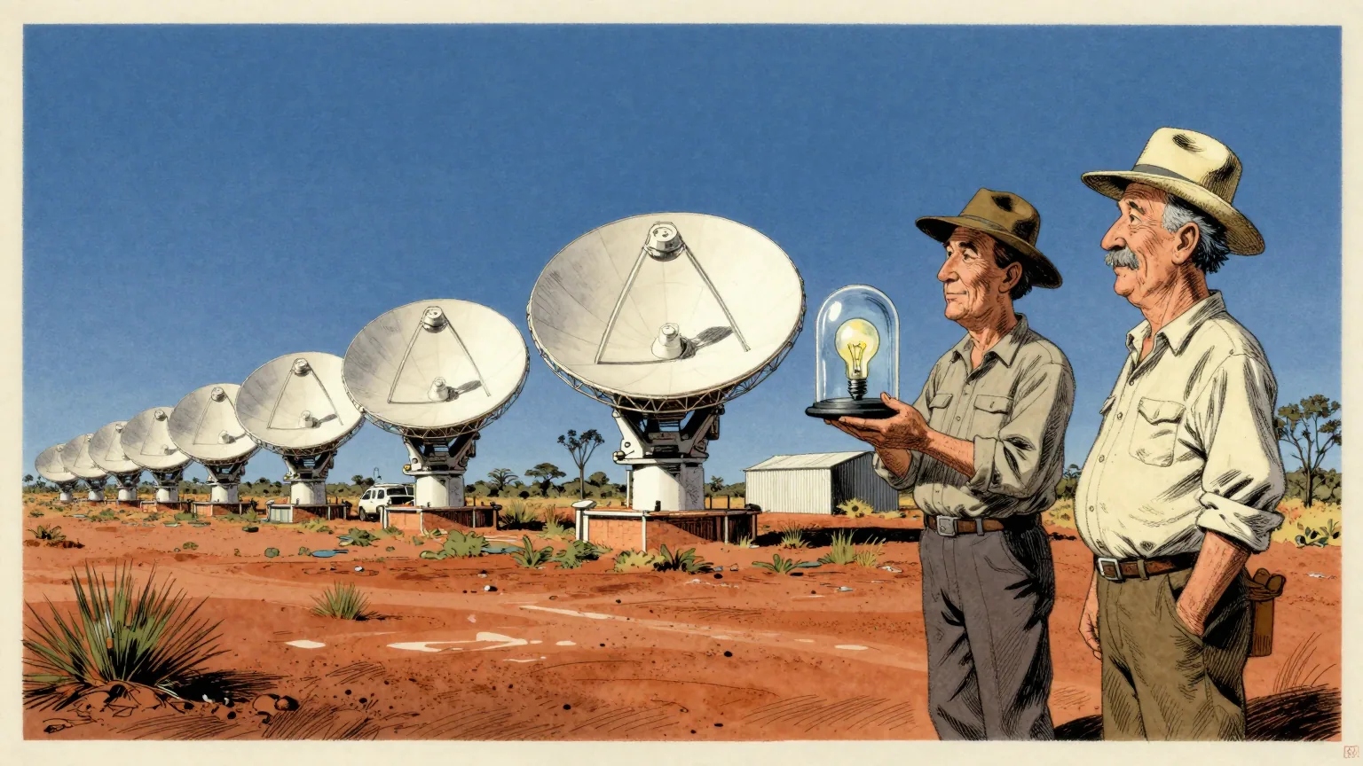 Editorial cartoon illustration: On red outback earth under a hard blue sky, a row of large white parabolic mirror dishes tilts towards the sun while two heritage officials in sun hats and a local in work clothes inspect them with evident approval. Low scrub and a corrugated-iron shed sit behind. One of the officials is holding a small glass display dome over a single light bulb, carrying it as carefully as a museum exhibit.