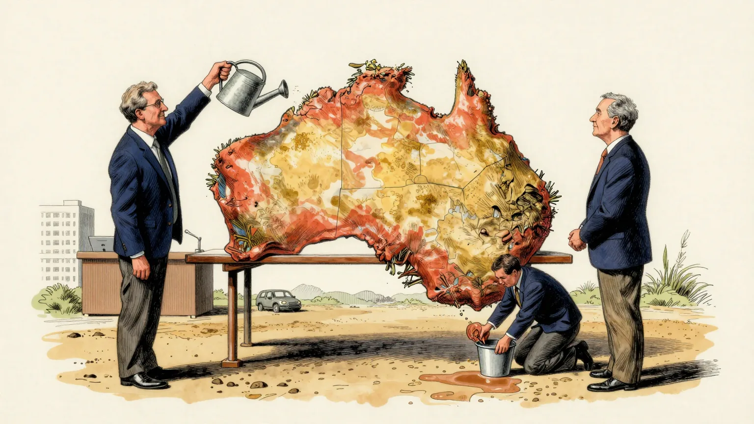 Editorial cartoon illustration: Two meteorologists in shirtsleeves stand on either side of a large relief model of Australia laid out on a trestle table in a plain office. One holds a watering can high over the glistening western third of the model; the other stands over the dry eastern side with empty hands, watching a puddle spread across the floor. A third colleague kneels under the table with a bucket.