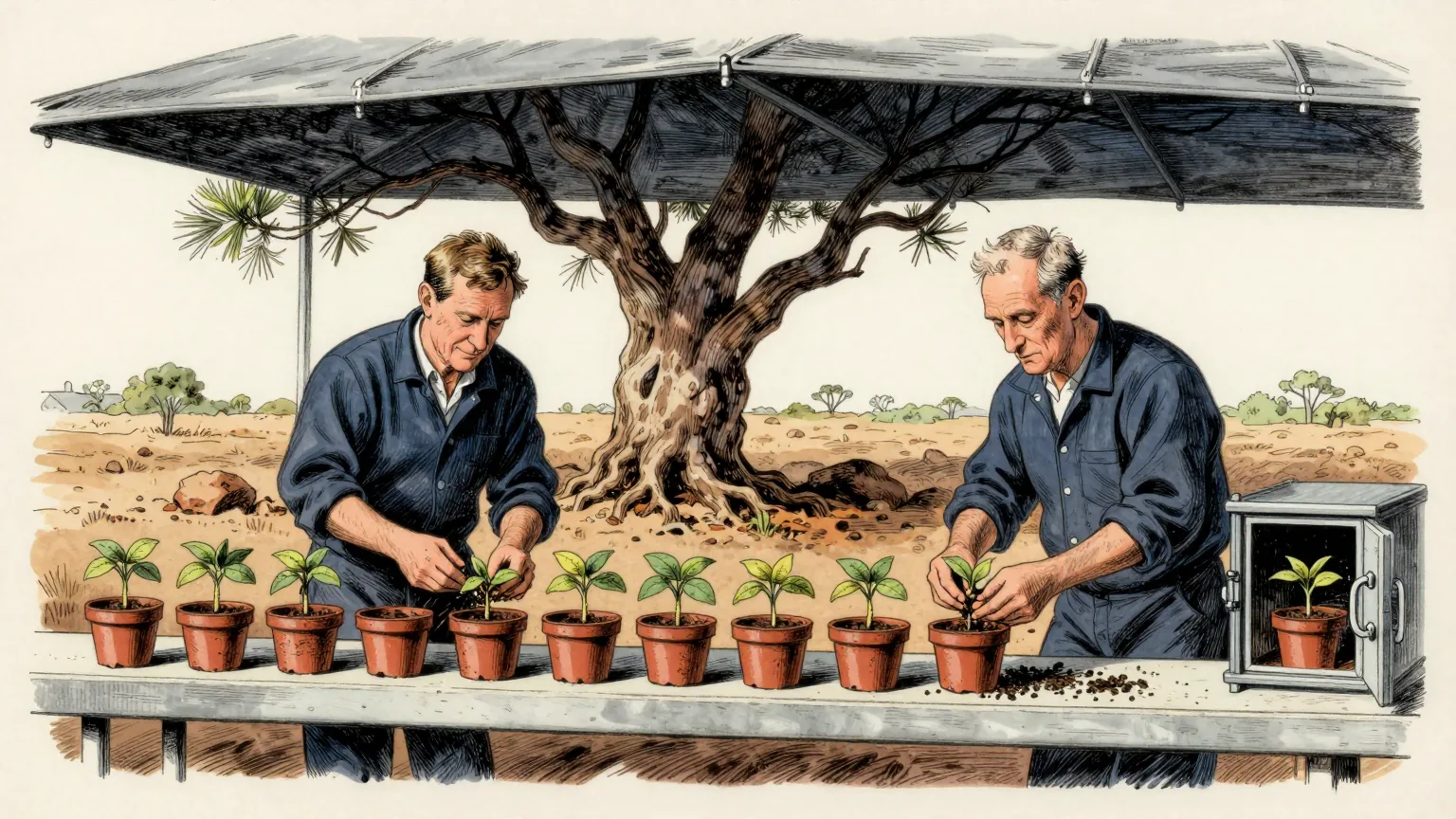 Editorial cartoon illustration: Two horticulturists in work clothes stand at a long nursery bench under shade cloth, both carefully tying a graft on one of a row of identical small potted gum seedlings. Behind them, a single gnarled ancient mallee grows alone out of bare rocky ground. At the end of the bench one of the potted seedlings sits inside a small open bank vault.
