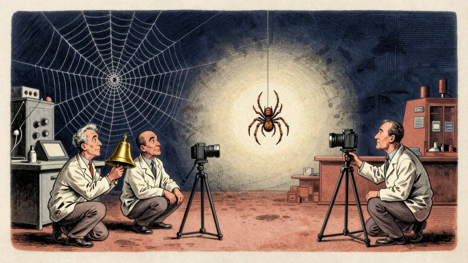 Editorial cartoon illustration: A small spider hangs upside down from a single thread inside a tiny web in a darkened laboratory, its legs curled inwards. Two researchers crouch at a bench a short distance away: one holds a large brass handbell in both hands and keeps perfectly still, the other simply watches the web. A camera on a tripod is pointed at the thread.