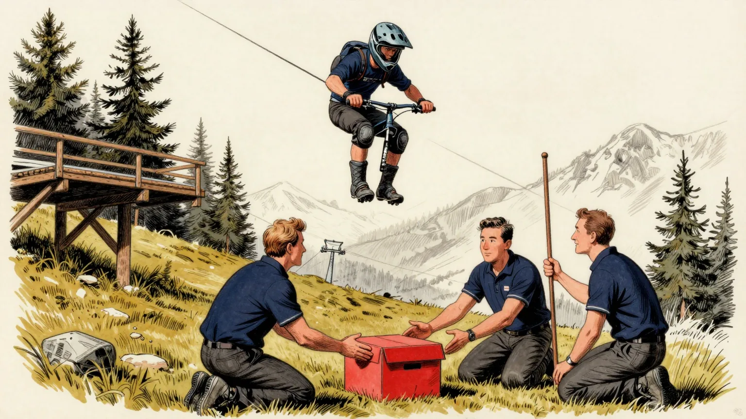 Editorial cartoon illustration: A mountain biker in a full-face helmet and knee pads hangs in mid-air a few metres below a wooden platform built on an Alpine hillside, with pine trees and a ski lift behind him. Three officials in matching polo shirts kneel on the grass at the landing point, crowded around a single small red cardboard box. One of them measures the air above the box with a long plain surveyor's pole while another cups both hands protectively around it.
