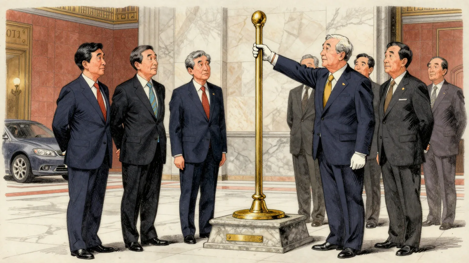 Editorial cartoon illustration: A group of central bankers in dark suits stand in the marble lobby of a grand Tokyo bank building, gathered around a brass lever mounted on a stone plinth. Three of them watch with their hands behind their backs. One, wearing white cotton gloves, is easing the lever upwards; the lever is taller than he is, but its slot allows it to travel only a couple of centimetres.