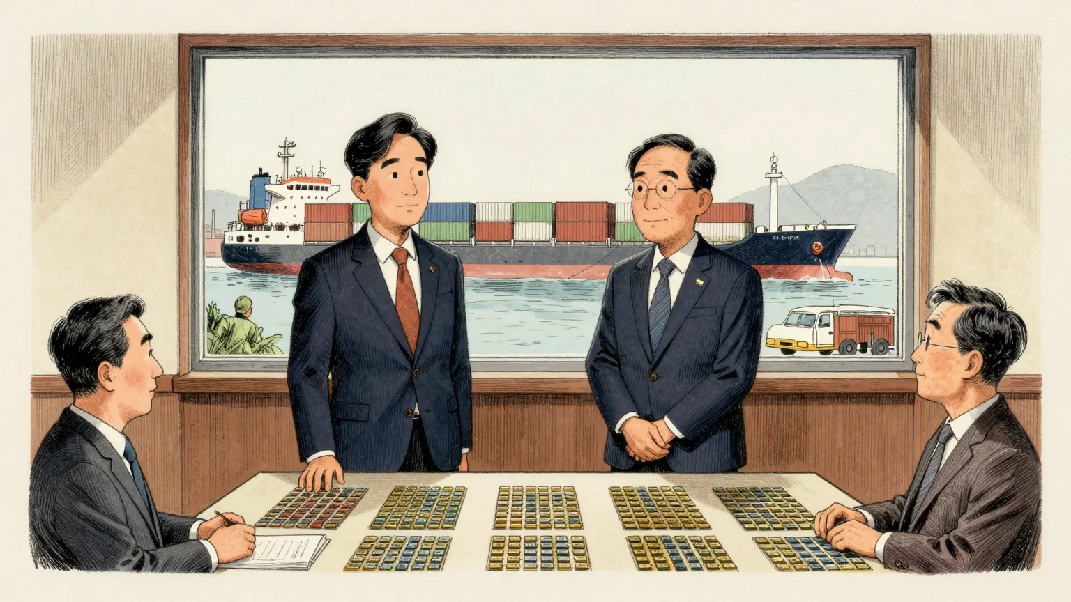 Editorial cartoon illustration: Two central bank economists stand in a plain Seoul meeting room beside a long table covered in small silicon wafers laid out in neat rows. Through the window behind them a container ship sits motionless in the harbour.