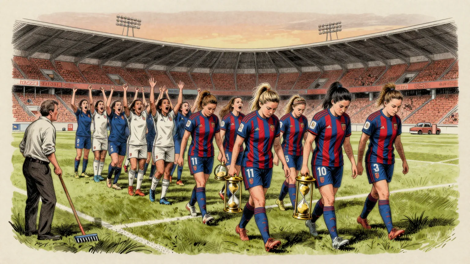 Editorial cartoon illustration: A women's football team in red and blue striped kit walking off a small Spanish stadium pitch at dusk with their heads down, while opposition players in blue and white celebrate behind them with their arms raised. A groundsman at the edge of the pitch leans on his rake and watches them go. One of the departing players carries a large brass hourglass under her arm.
