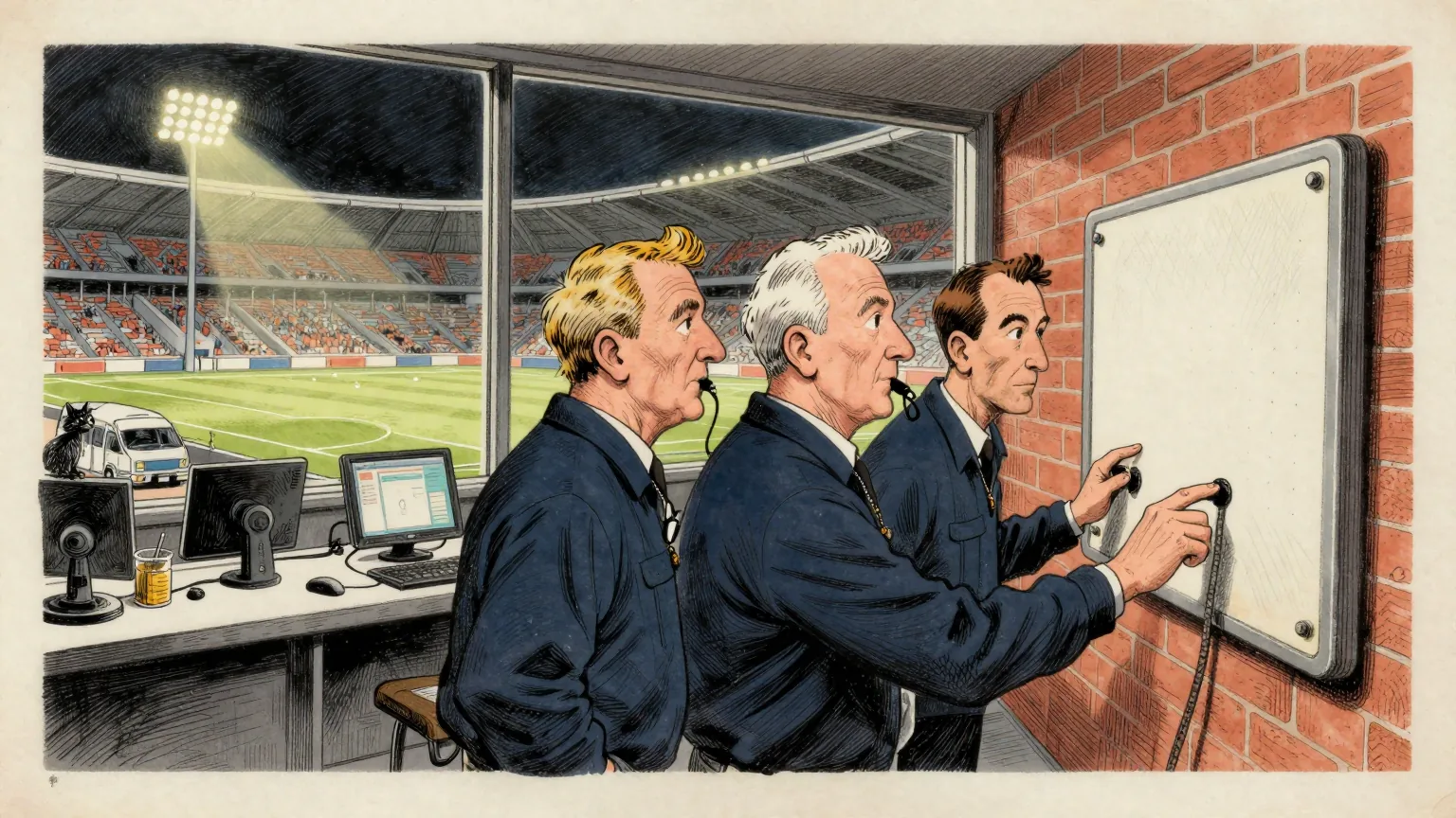 Editorial cartoon illustration: In a Brussels network operations room, three engineers in shirtsleeves stand shoulder to shoulder with their hands hovering over a single large wall-mounted lever, waiting for a signal. One of them has a referee's whistle between his teeth. Through the window behind them the floodlights of a football stadium across the street are coming on, and a cat sits on the sill watching the engineers rather than the stadium.