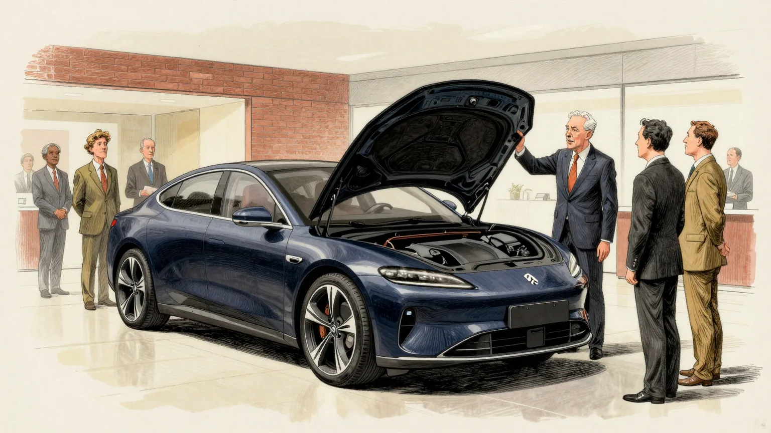 Editorial cartoon illustration: A large sleek electric saloon car sits on a polished showroom floor with its bonnet raised, lit from above. A product engineer in a tailored suit stands beside it with one hand resting on the wing, explaining something to two well-dressed customers. The space under the raised bonnet is completely empty and spotlessly clean, and everyone is looking into it approvingly.