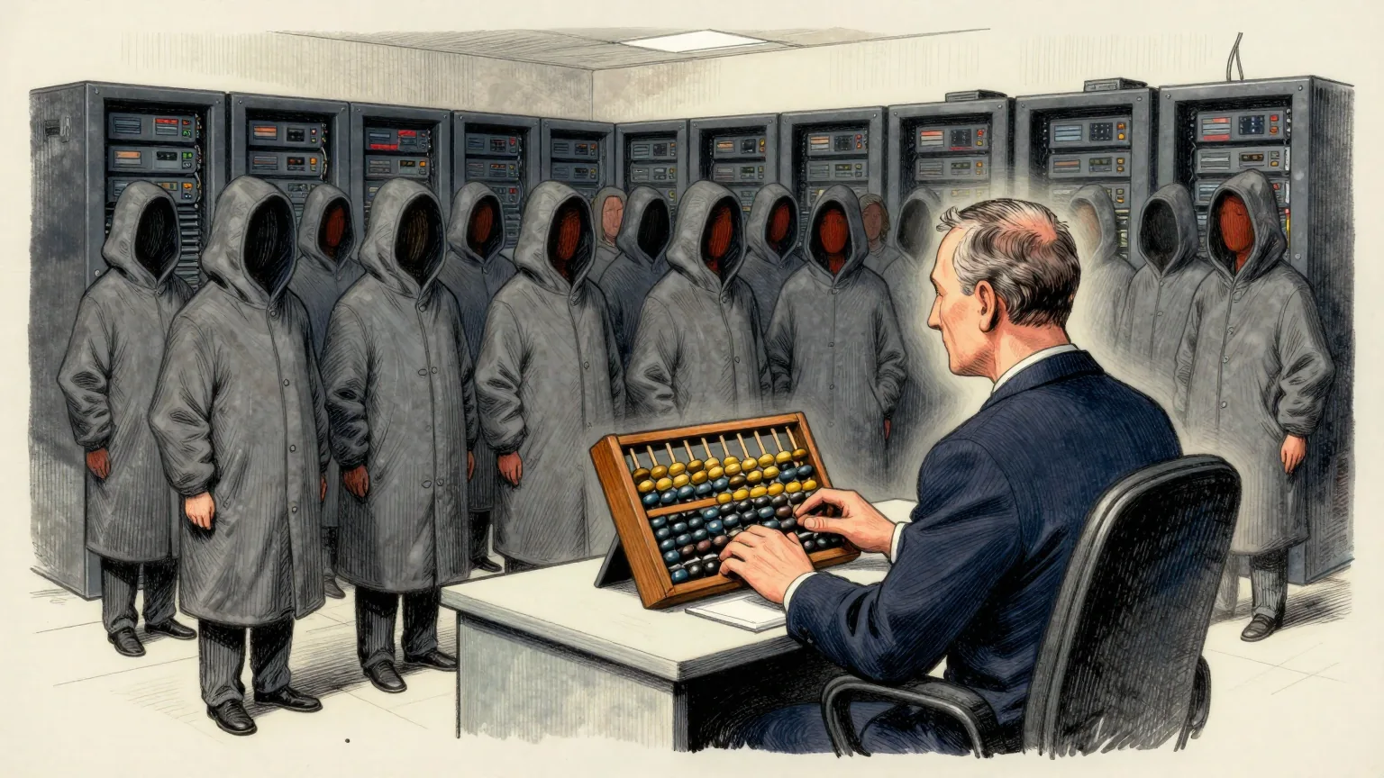 Editorial cartoon illustration: A quiet accountant sits at a small desk in a server room, attempting to count a crowd standing in front of him in identical plain grey hooded cloaks with their faces in shadow. Rows of humming equipment cabinets line the walls behind the crowd. The accountant is working with a single wooden abacus, and every bead on it still sits at one end.
