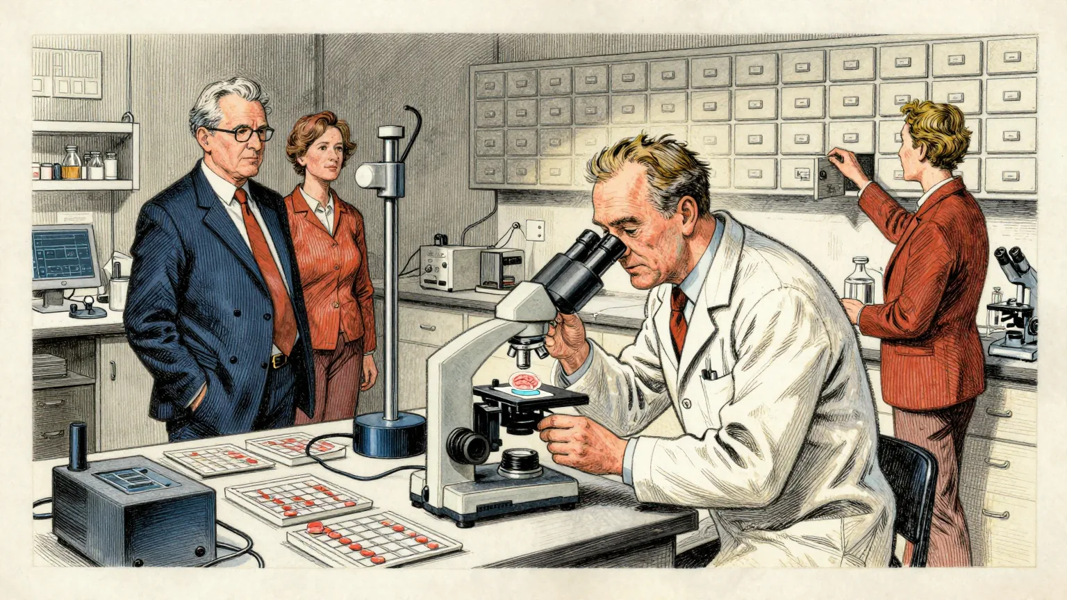 Editorial cartoon illustration: In a tidy Swiss laboratory, a researcher in a white coat leans over a microscope stage holding a thin brain slice under a laser scanner, while a colleague stands beside a wall of small numbered drawers pulling one open. The rest of the bench is covered in neatly racked sample slides.