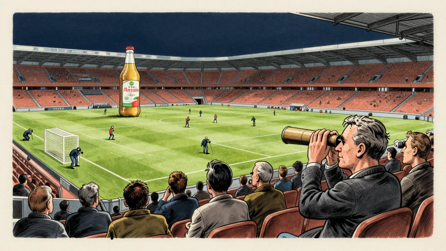 Editorial cartoon illustration: A packed football stadium at night seen from high in the stands, with tiny players spread across the green pitch below and photographers kneeling along the goal line. A huge inflatable drinks bottle floats above one end of the ground. In the front row of the crowd, one spectator is watching the match through a cardboard tube held to one eye like a telescope while everyone around them simply watches.
