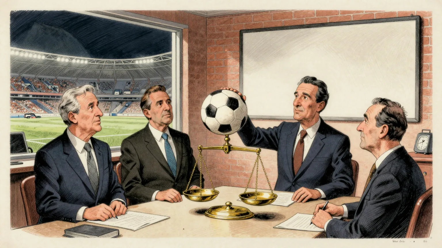 Editorial cartoon illustration: A football club boardroom in Rio de Janeiro at night, a floodlit stadium visible through the window. Four directors in suits stand around a long table, and one of them holds up a set of brass grocery scales with a single football resting on one pan and nothing on the other. On the wall behind them is a large empty rectangle where something used to hang.