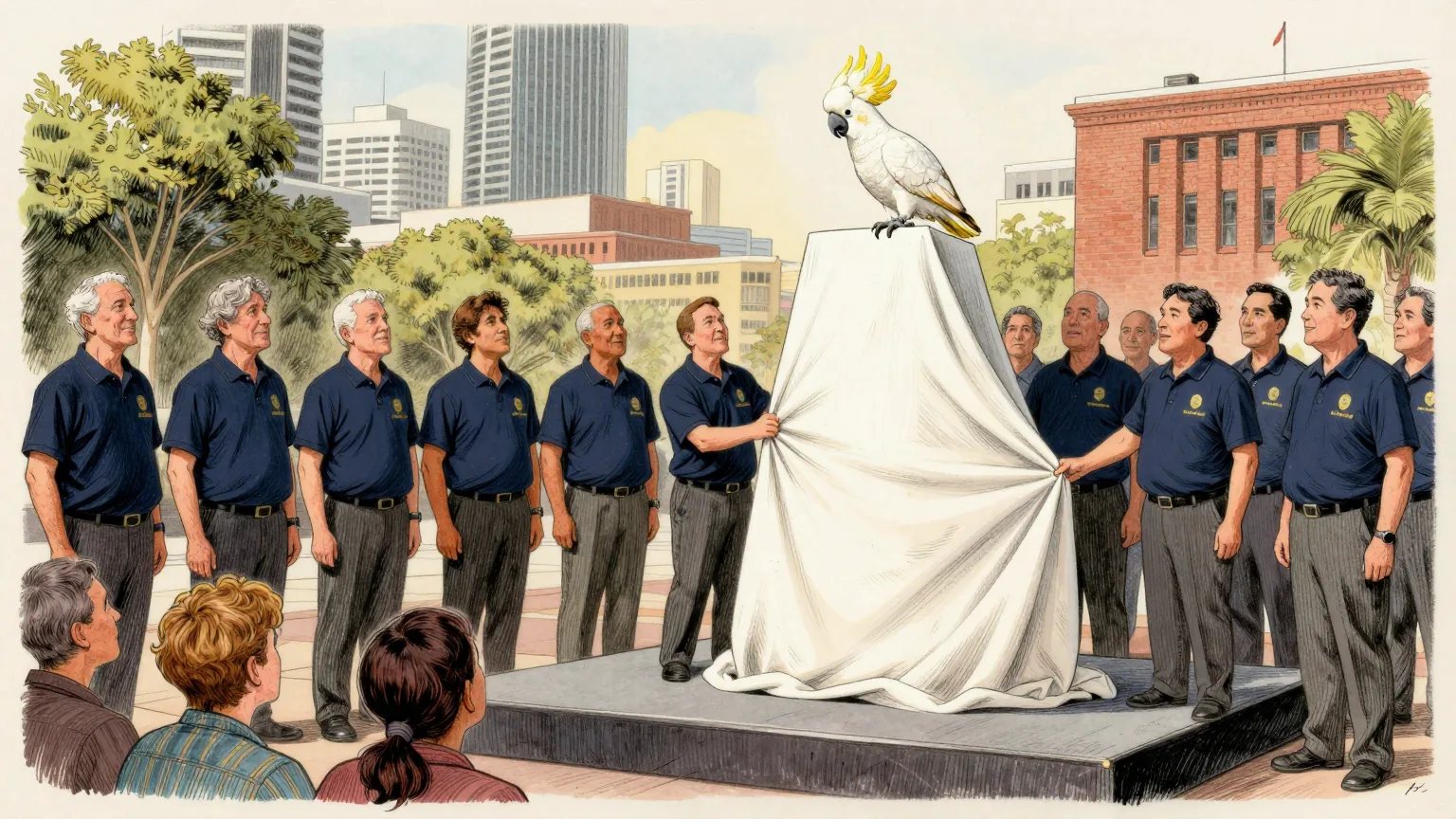 Editorial cartoon illustration: A group of Games officials in matching polo shirts stand on a stage in a sunlit Brisbane plaza in front of a tall object hidden under a white sheet, one of them gripping a corner of the sheet ready to pull. A single white cockatoo perches on top of the sheeted object with its crest raised, in full view. In the crowd below, a few people glance up at the bird while the rest watch the officials.