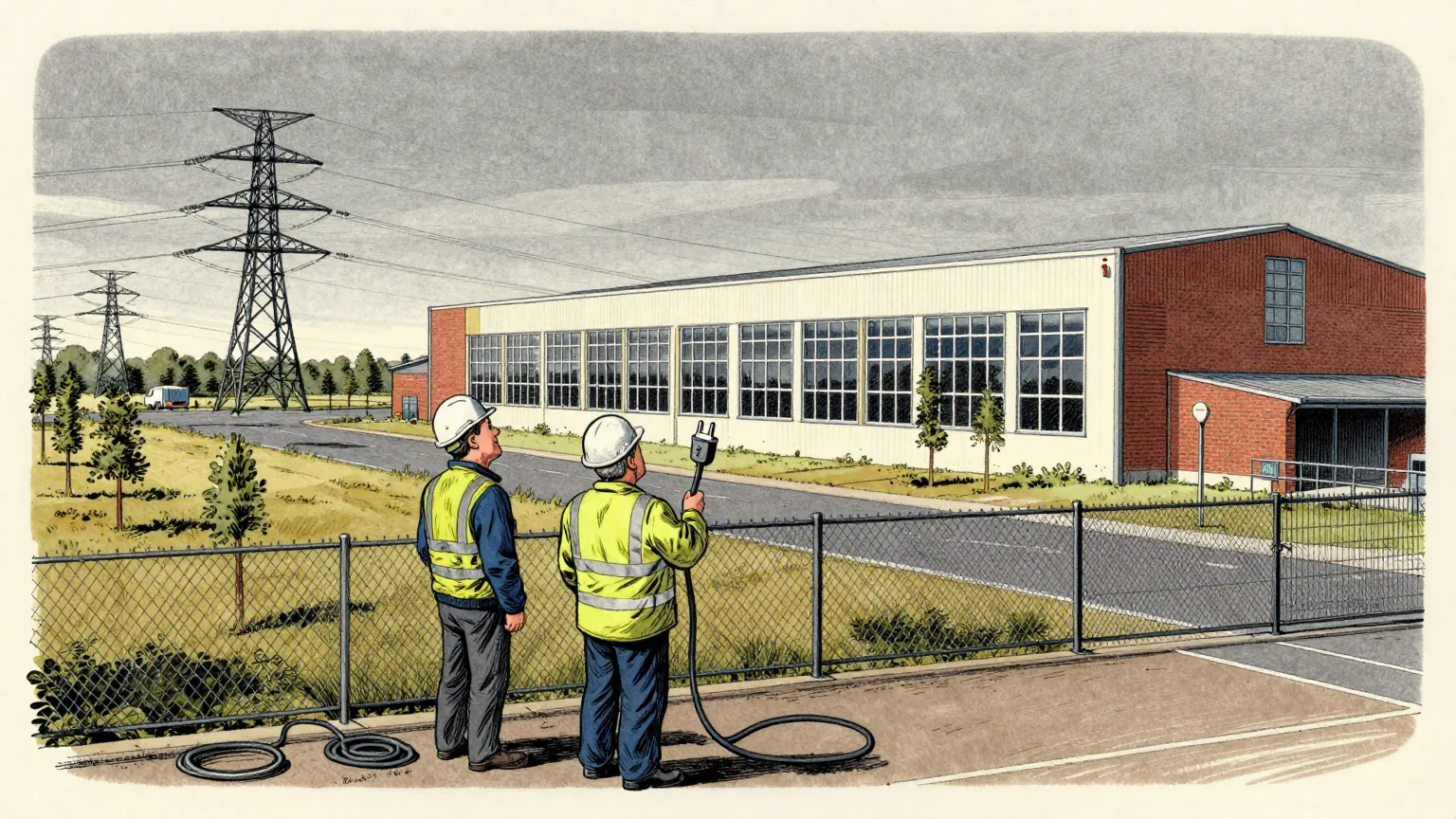 Editorial cartoon illustration: A vast new windowless industrial building on the edge of an Essex town, ringed by fresh tarmac and young planted trees under a flat grey sky. Two engineers in hard hats and high-visibility jackets stand at the perimeter fence looking up at a line of electricity pylons marching away to the horizon. One of them holds a single domestic plug on the end of a very long cable that lies coiled at his feet.