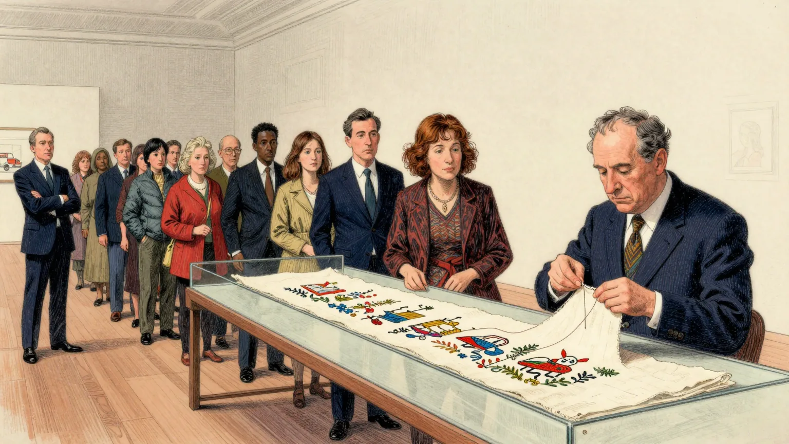 Editorial cartoon illustration: A line of visitors shuffles in single file along a low glass case holding a very long strip of embroidered linen in a dim gallery. A gallery attendant stands to one side with arms folded, watching the line move. At the back of the queue one visitor has stopped walking and is calmly stitching a copy of the scene onto a strip of cloth of their own with a needle and thread.