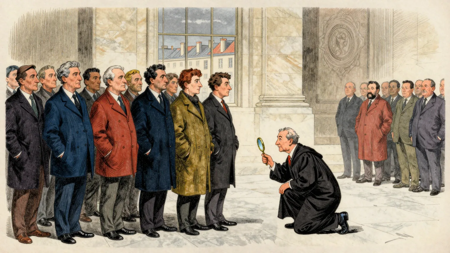 Editorial cartoon illustration: In the marble hall of a grand Paris courthouse, a court official in a black robe crouches down to peer at the shoes of a long queue of ordinary people, holding a small magnifying glass up to one pair. The people in the queue look straight ahead and wait patiently, hands in pockets. A tall window behind them shows rooftops under a grey sky.