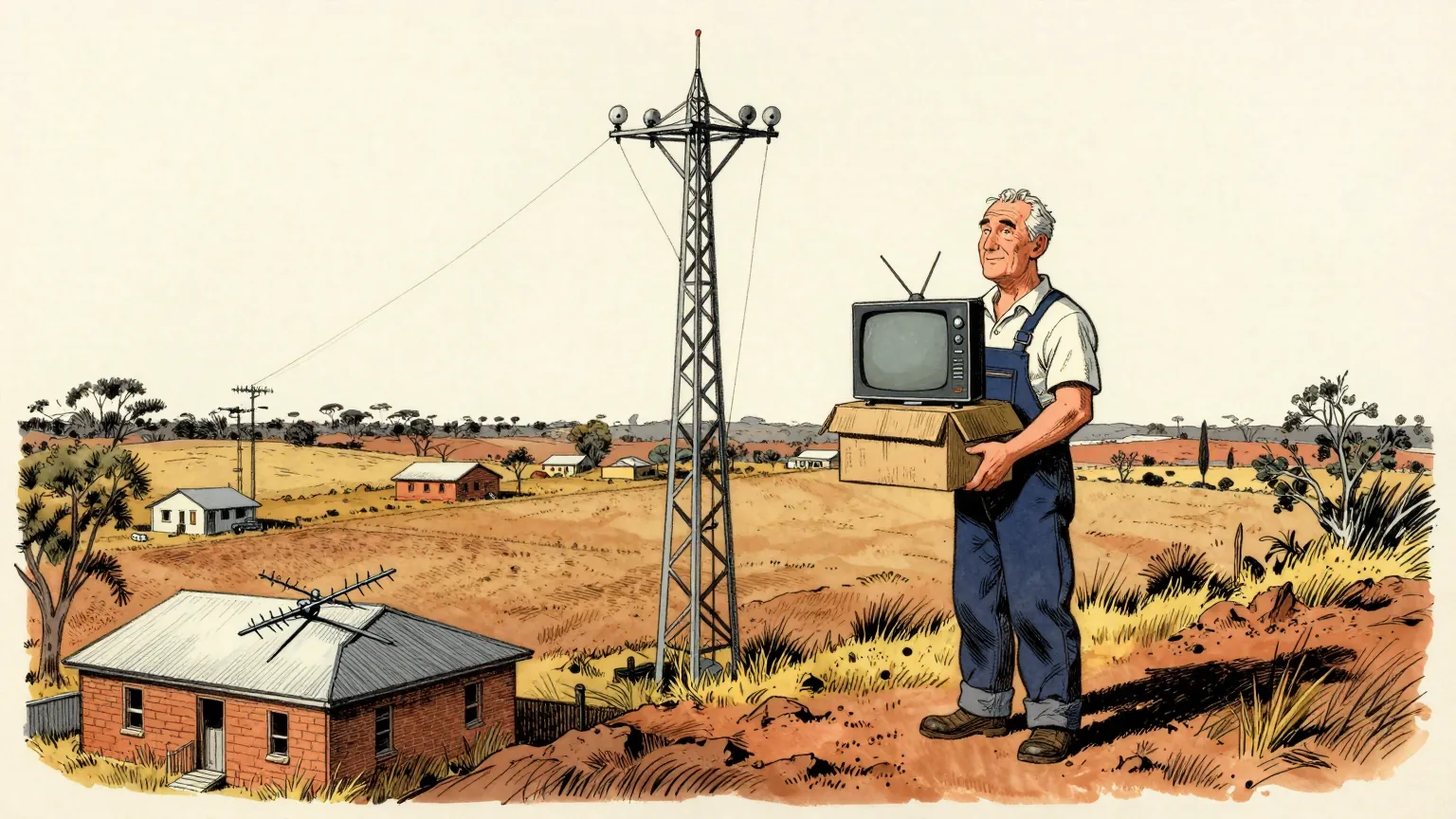 Editorial cartoon illustration: A television technician in overalls stands on a dry grassy ridge beside a tall steel transmission mast in rural Australia, holding a cardboard box with a brand-new flat-screen television inside it. Below the ridge a handful of farmhouses are scattered across brown paddocks. One farmhouse has its aerial lying flat on the roof while the others still have theirs standing upright.