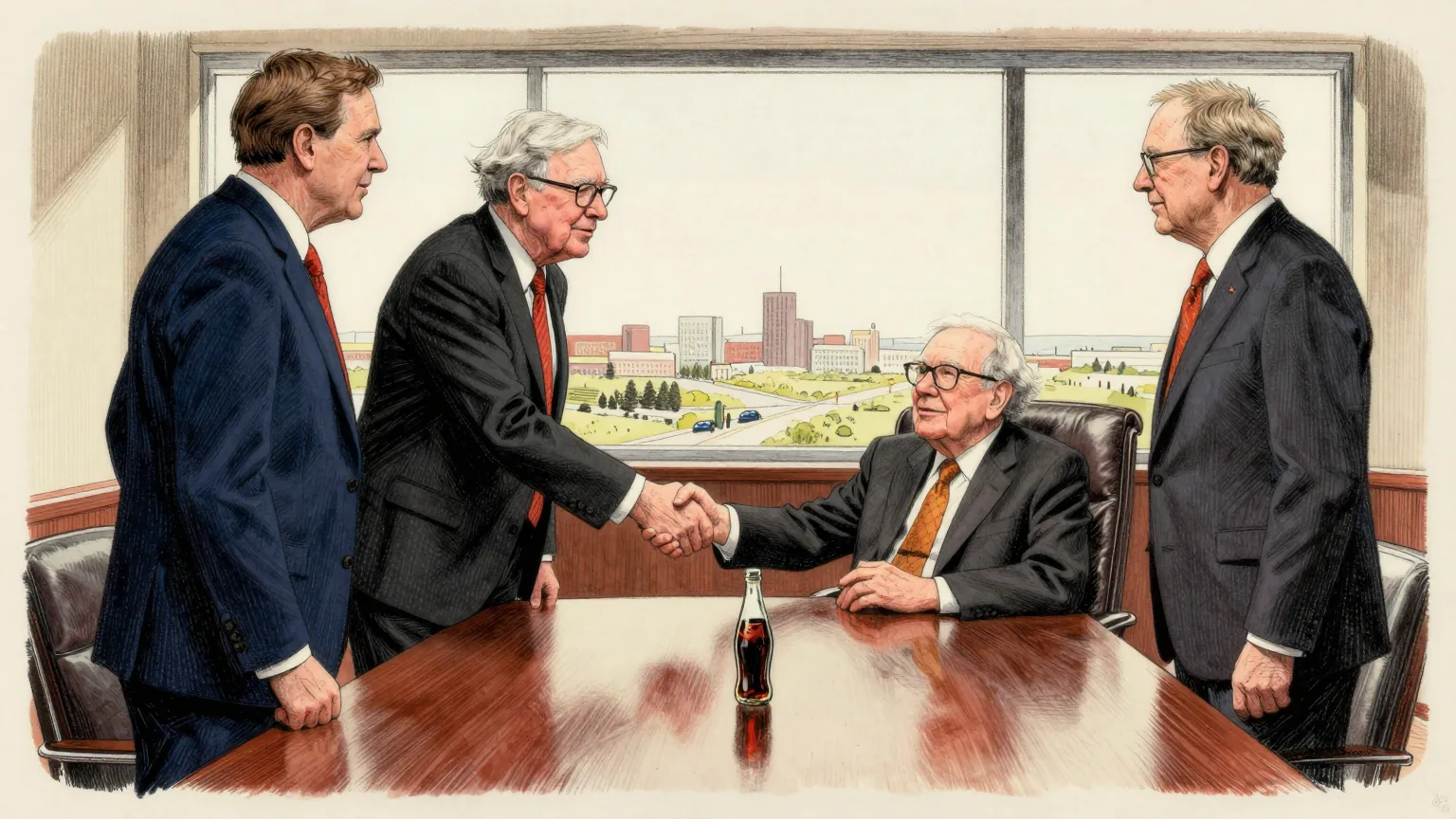 Editorial cartoon illustration: Three men in business suits are in a plain American corporate boardroom with a long polished table and a wide window showing a flat Midwestern skyline. Two of them stand and shake hands across the table. Warren Buffett, elderly and in a rumpled suit, sits slightly apart in a leather armchair with his hands folded, watching. On the table in front of him stands a single small glass bottle of dark fizzy drink, and nothing else.