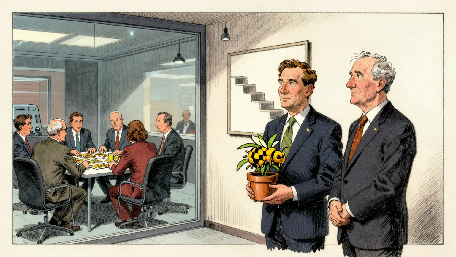 Editorial cartoon illustration: Two investment executives in dark suits stand in a glass-walled trading office at dusk, one of them cradling a small potted honeybee-yellow plant as if it were a trophy. On the wall behind them a plain framed line drawing of a descending staircase hangs slightly crooked. Through the window, a group of people sit around a table playing board games in the building opposite.