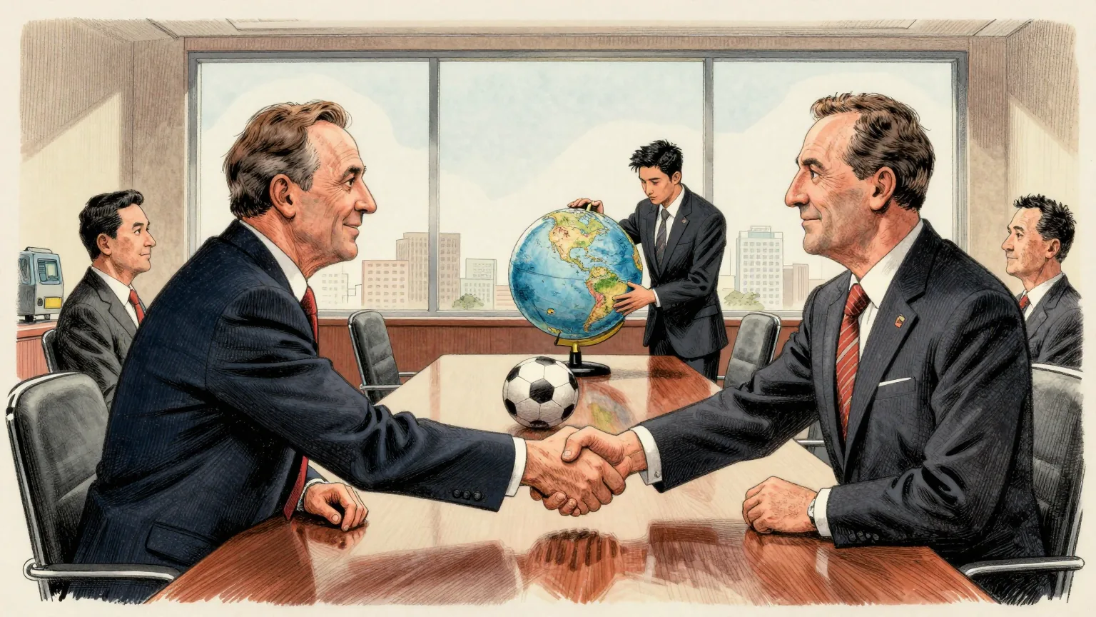 Editorial cartoon illustration: Two groups of executives in dark suits shake hands across a long polished table in a modern boardroom with a wall of windows behind them, a football sitting on the table between them. At the far end of the table, one junior colleague stands alone beside a large freestanding globe, both hands on it, leaning in very close to examine a single small island in the Caribbean.