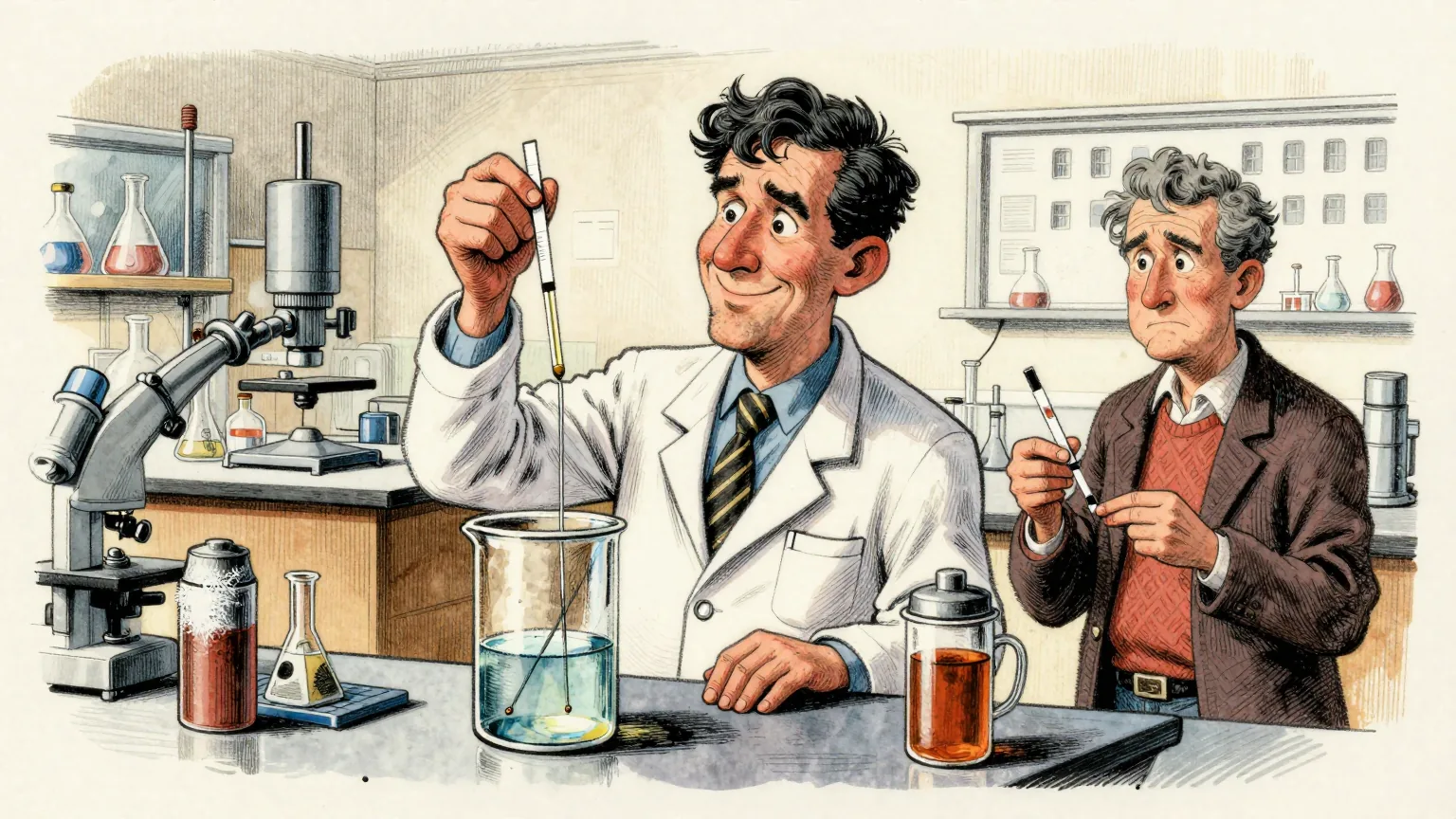 Editorial cartoon illustration: In a university chemistry laboratory, a researcher in a white coat holds a pH test strip up beside a glass flask of clear liquid with two metal plates dipped into it, looking satisfied. A second researcher stands at the other side of the same bench holding an identical strip and frowning at it. A thermos of tea on the bench has frost on one side.