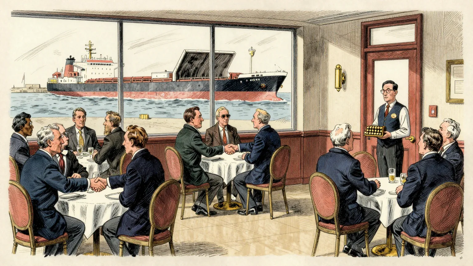 Editorial cartoon illustration: A hotel function room in a windy southern port city, with a dozen small round tables where pairs of business people in coats shake hands across the tablecloths. At the door a steward in a hotel waistcoat stands holding a brass hand tally counter, clicking it as each pair meets. Through the tall windows a cargo ship sits at the quay with its hold standing open and completely empty.