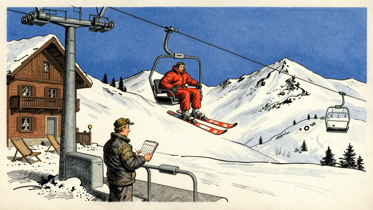 Editorial cartoon illustration: A skier in bright winter clothing rides a chairlift up a deep snow-covered Andean mountainside under a strong blue spring sky. At the base below, a lift attendant in a jacket stands in slush beside the turnstile holding a desk calendar and studying it. The resort hotel behind him has its shutters closed and a few deckchairs stacked outside.