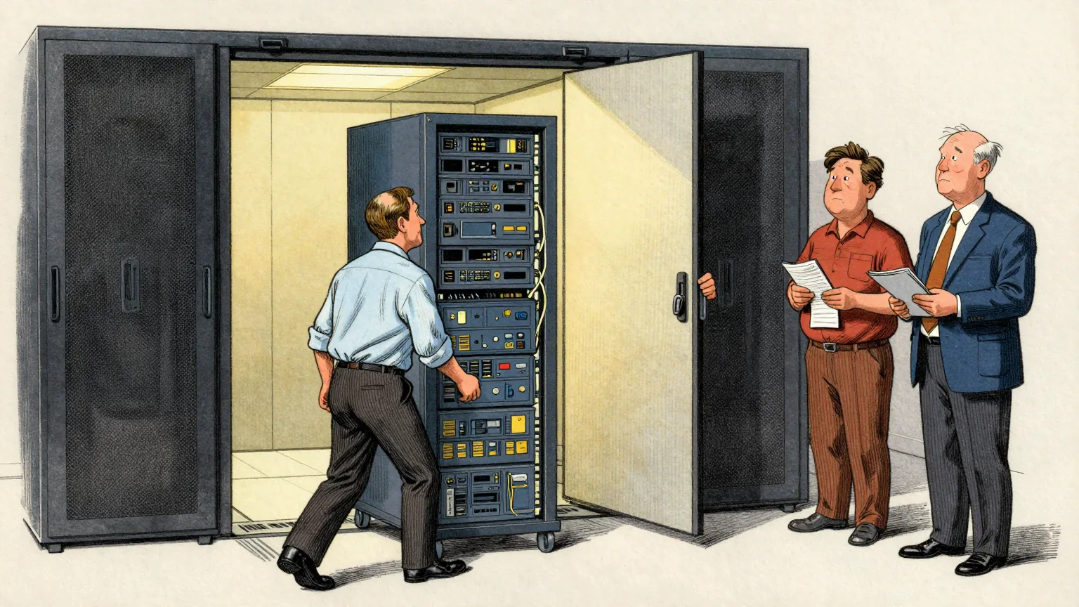 Editorial cartoon illustration: A tidy corporate server room where two engineers in shirtsleeves wheel a perfectly good rack of equipment towards a loading door, while a third stands by with a receipt book and a resigned expression. A supplier's representative in an immaculate suit holds the door open for them with one hand and a car key in the other. The empty space where the rack stood is still lit.