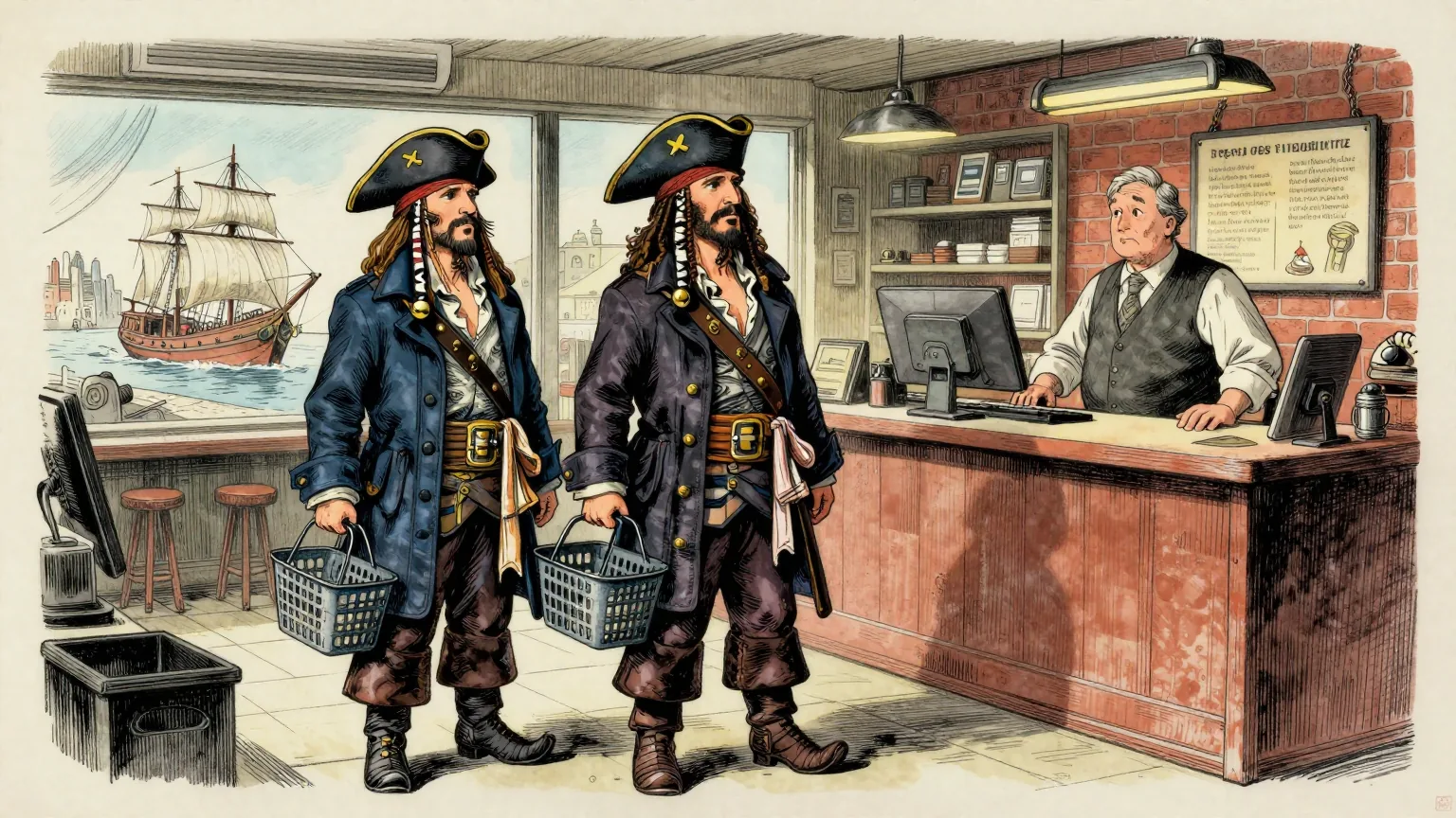 Editorial cartoon illustration: Three pirates in tricorn hats, long coats and boots stand awkwardly in the aisle of a brightly lit modern video game shop, one of them politely holding a wire shopping basket by its handle. A shop assistant behind the counter watches them with mild surprise. Through the window behind them, a small wooden sailing ship is moored at the kerb of the street outside.