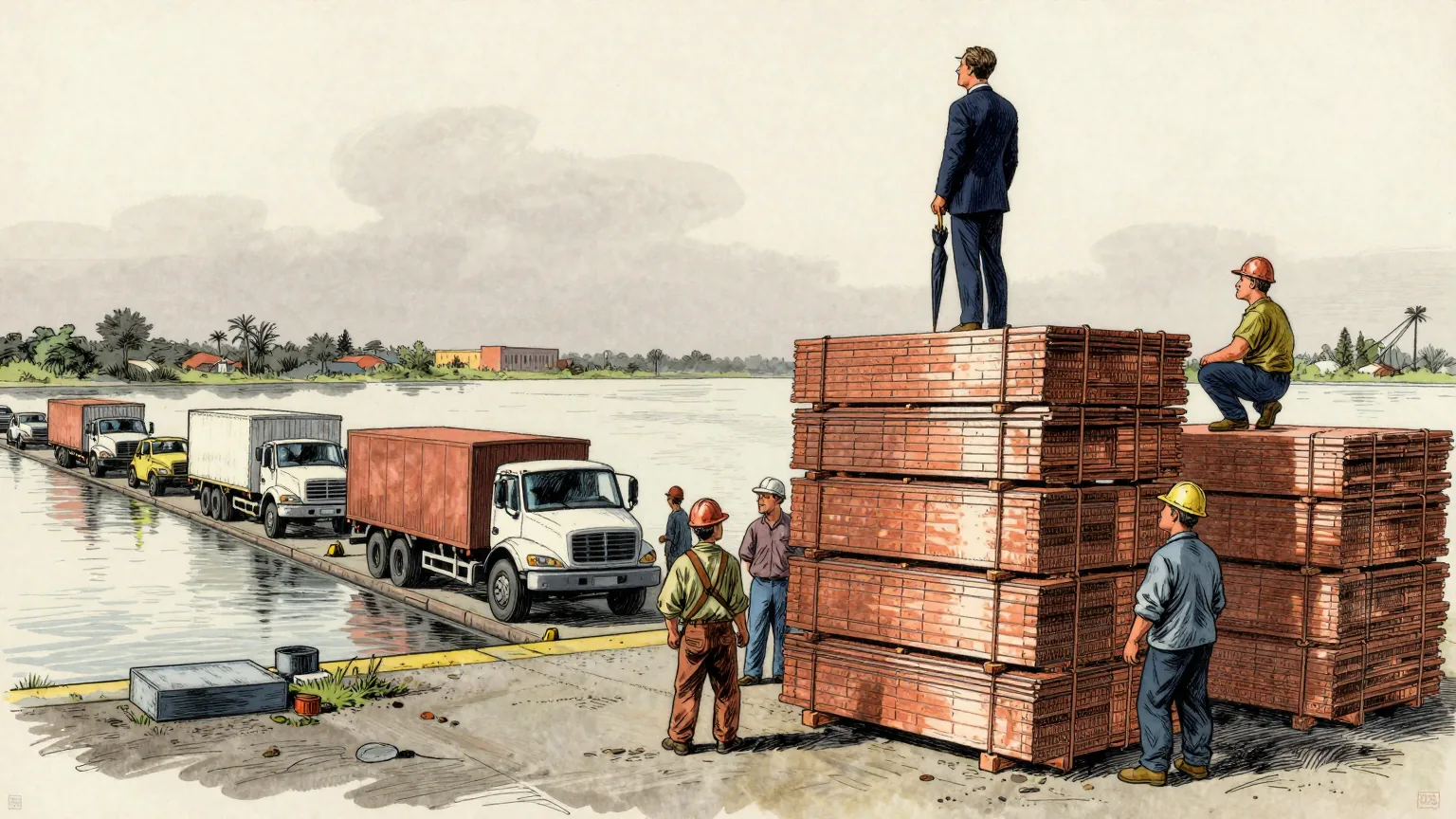 Editorial cartoon illustration: A river terminal at New Orleans is stacked high with bundled copper plates under a hazy sky, with a line of flatbed trucks waiting motionless along the quay and dockworkers in hard hats standing about with nothing to lift. On top of the tallest stack a man in a business suit stands with a folded umbrella under one arm, looking out over the yard as though waiting for something that has not yet been announced.