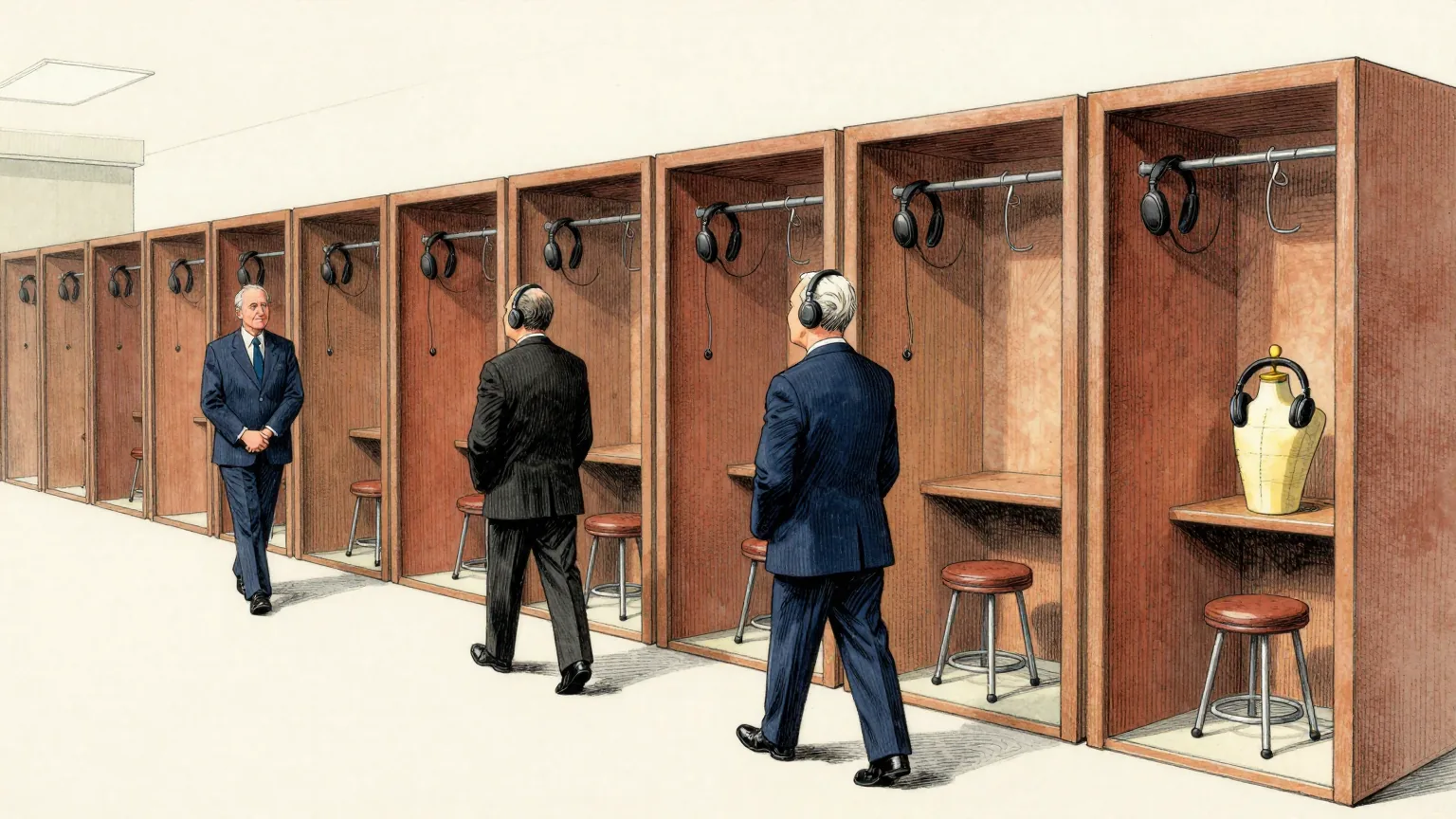 Editorial cartoon illustration: A row of identical empty listening booths lines a bright government office corridor, each fitted with a pair of headphones resting on a hook and nobody inside. Two officials in suits walk the line with their hands behind their backs, inspecting each booth in turn. In the last booth, a tailor's mannequin sits upright on the stool wearing the headphones.