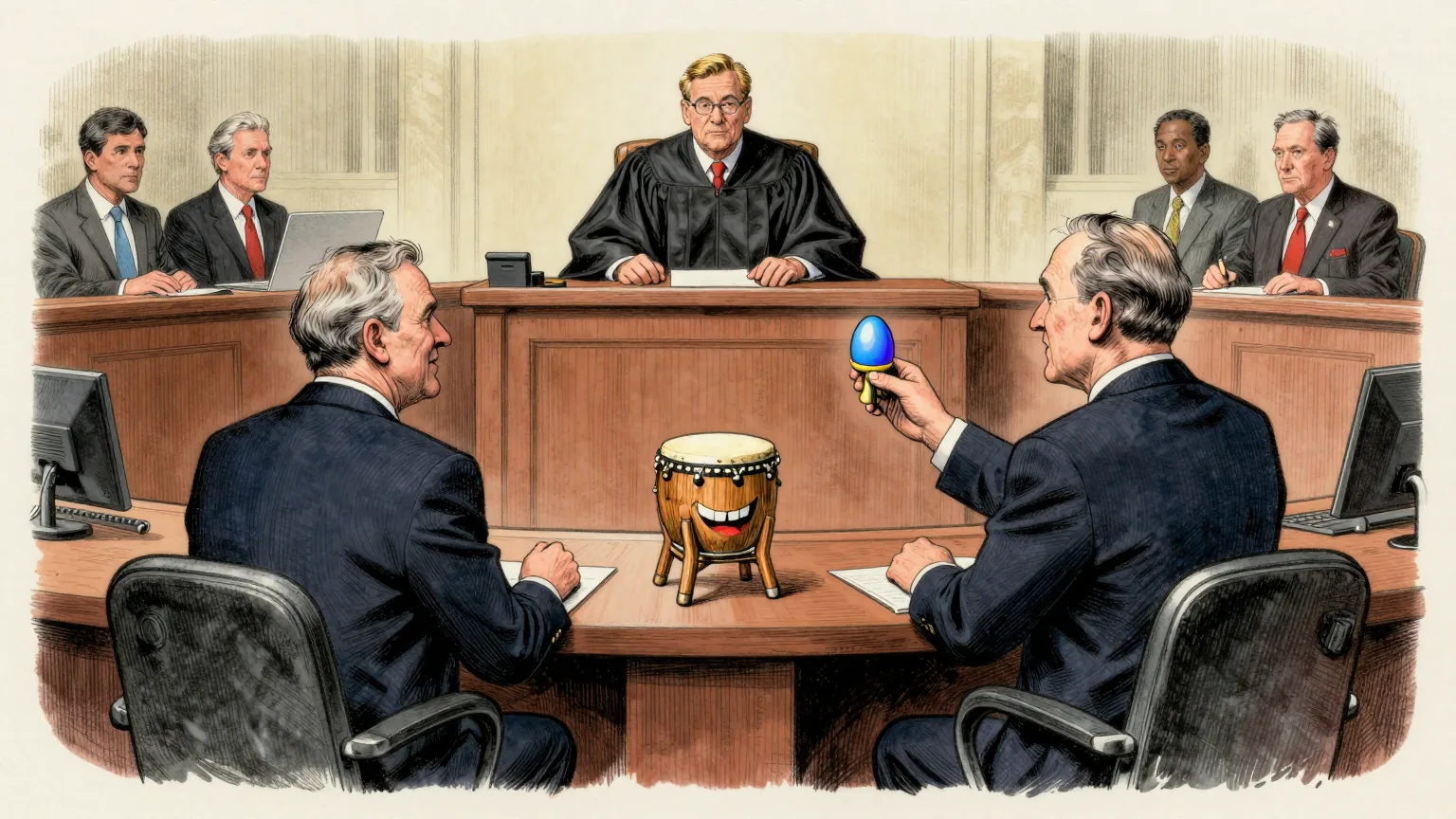 Editorial cartoon illustration: A United States courtroom in which two teams of lawyers in dark suits sit at facing tables while a judge in black robes leans forward on the bench. On a small wooden easel between the tables stands a child’s wooden drum with stubby legs and a wide painted grin. One lawyer is on their feet addressing the court, holding a brightly coloured plastic egg timer up in one hand.