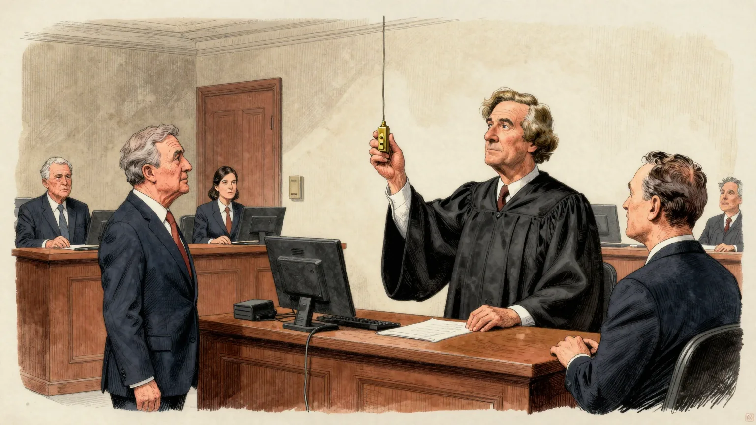 Editorial cartoon illustration: A quiet American courtroom late in the day, a judge in black robes at the bench and two lawyers in dark suits standing at a lectern below her. One of the lawyers holds up a single brass light switch on a short length of wire that is connected to nothing. The judge looks at it with her hands folded on the bench.