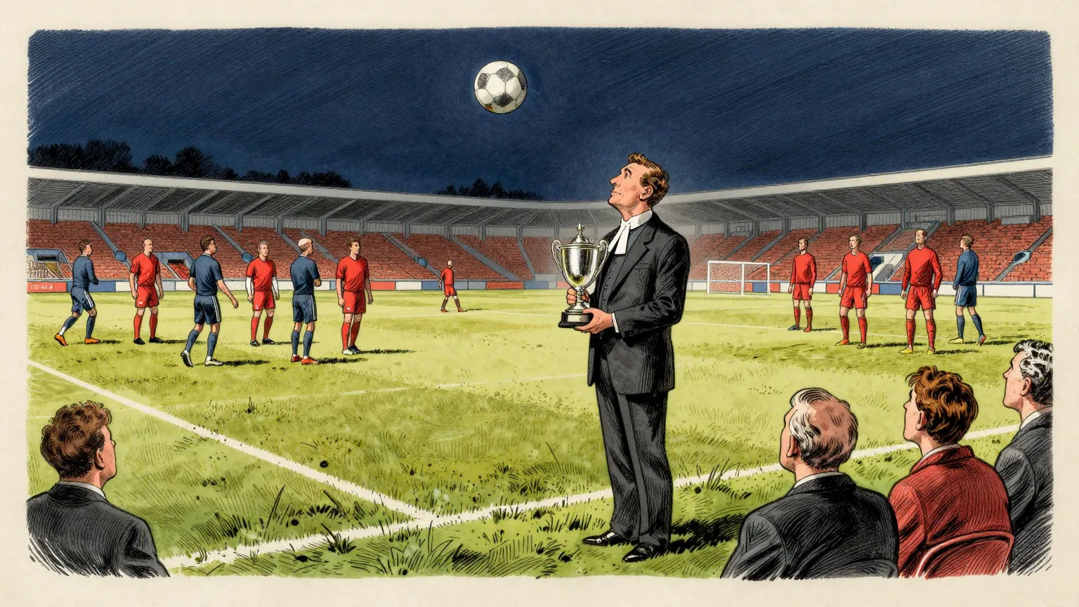 Editorial cartoon illustration: A floodlit football pitch at night seen from the halfway line, with two teams in contrasting kits contesting a high ball and a linesman running the touchline. Standing on the grass just inside the touchline, a man in a formal dark suit and a barrister's wing collar holds a small silver trophy with both hands and waits patiently. The nearest substitutes are watching the ball and not him.