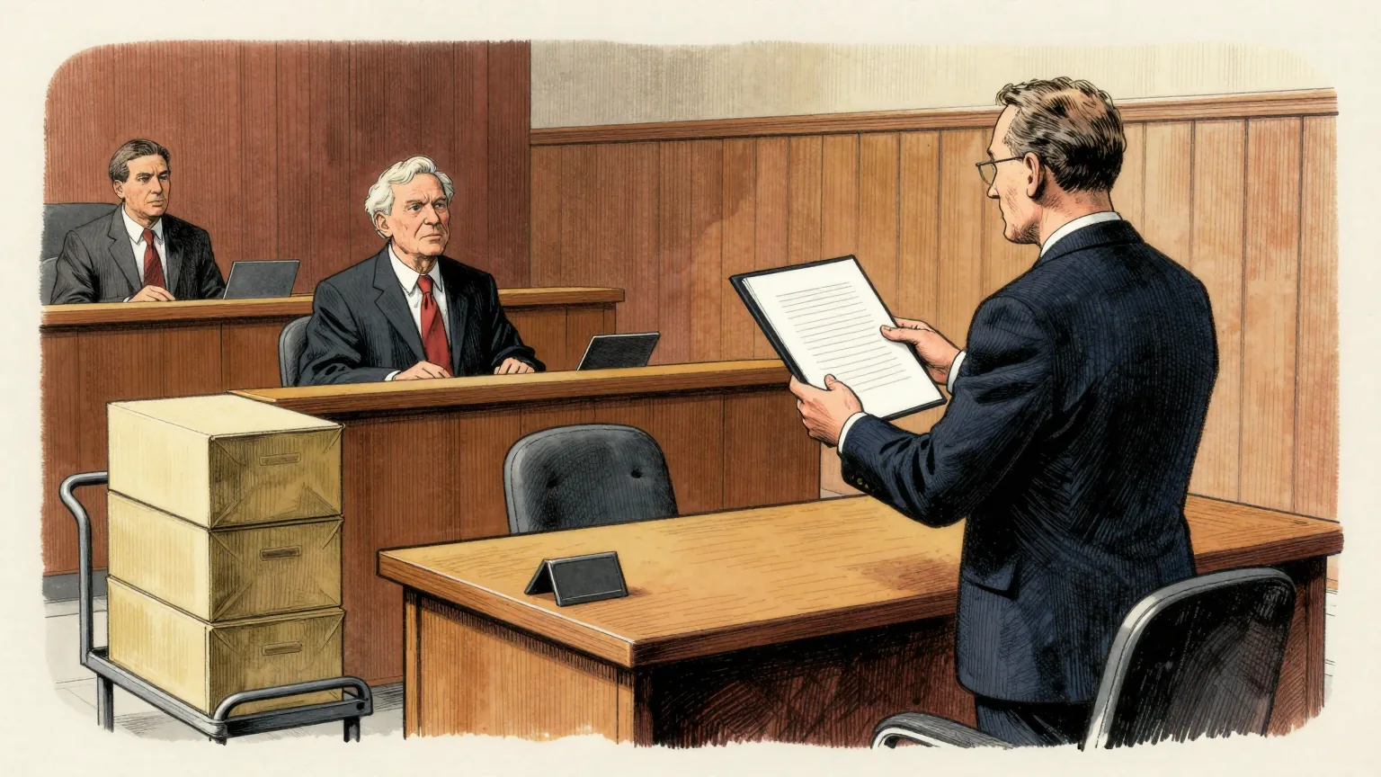Editorial cartoon illustration: A lawyer in a dark suit stands in a wood-panelled courtroom presenting a very thick bound document to a judge on the bench, gesturing towards the defendant's table. The table has a chair pushed neatly in, an empty nameplate holder and nobody sitting at it. Beside the lawyer a metal trolley is stacked with sealed game boxes, and the boxes on top are entirely plain and blank.