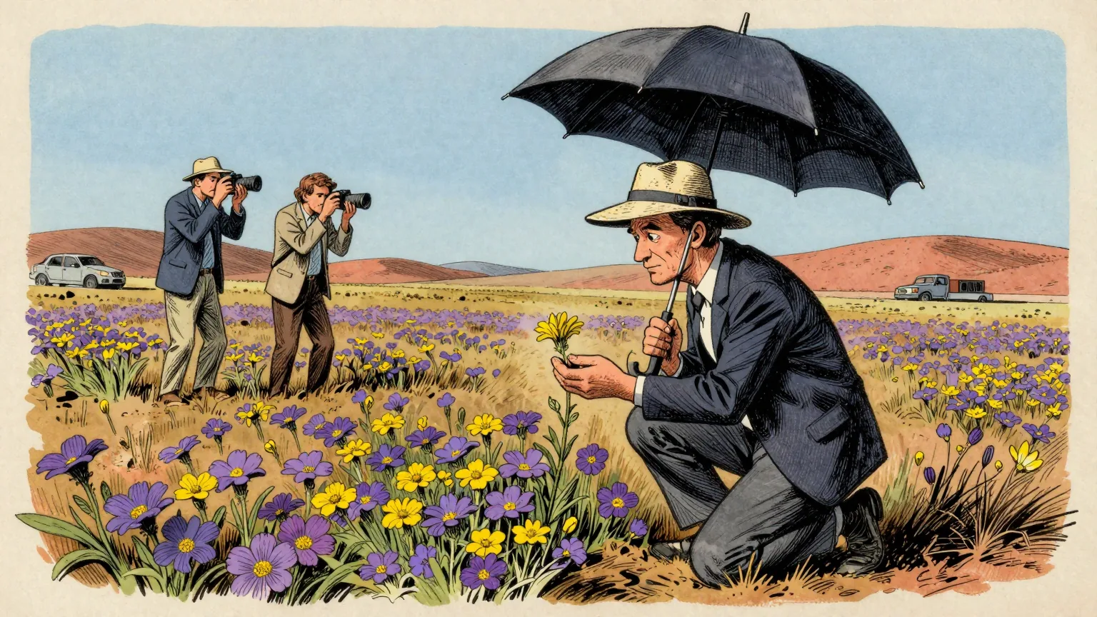 Editorial cartoon illustration: A biologist in a wide-brimmed sun hat kneels in the middle of a vast carpet of purple and yellow desert flowers that stretches to bare brown hills on the horizon, cupping one bloom to inspect it. Two colleagues stand a few paces behind, both photographing the slope. One of those two is holding a large open black umbrella overhead, although the sky is completely clear.