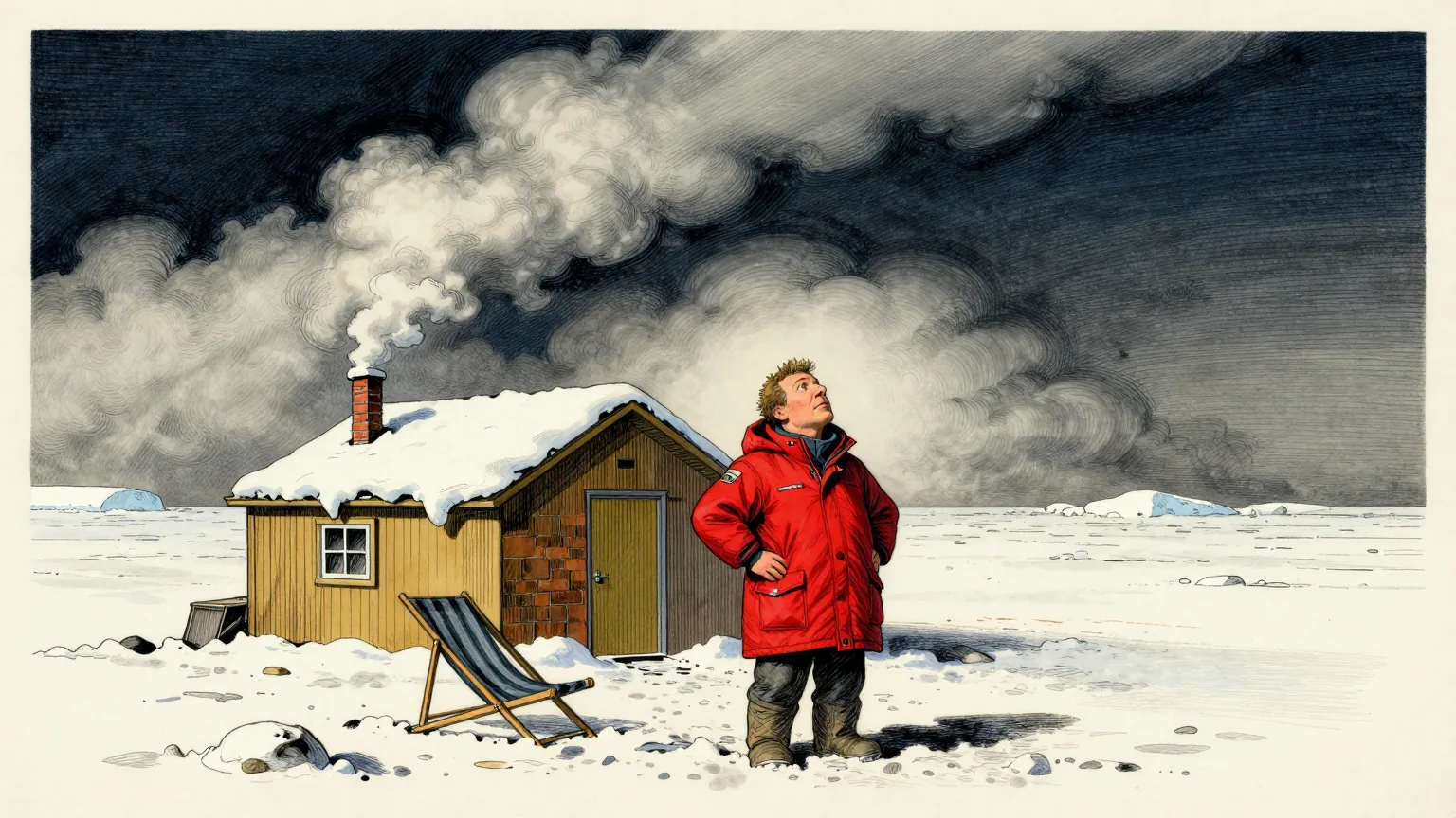 Editorial cartoon illustration: A lone research scientist in a red polar coat stands on a vast flat snowfield in East Antarctica, hands on hips, looking up at an enormous bank of cloud streaming in from the horizon in a narrow ribbon. Fresh snow is piled far above the roof of the small hut behind her, with only the chimney showing. A single deckchair from somewhere much warmer is half buried in the drift at her feet.